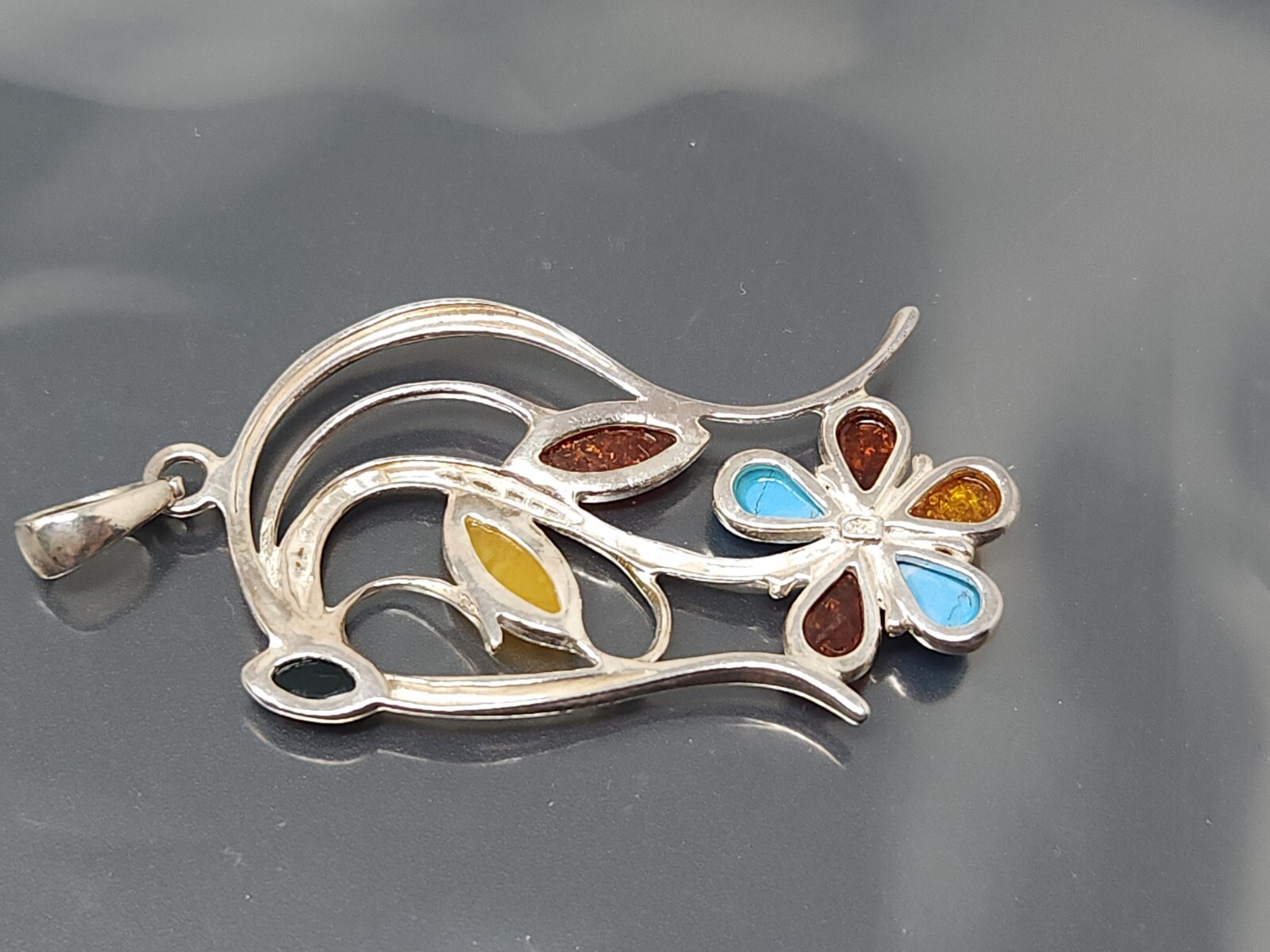 Vintage Sterling Silver 925 Yellow Baltic Amber Turquoise Flower Pendant