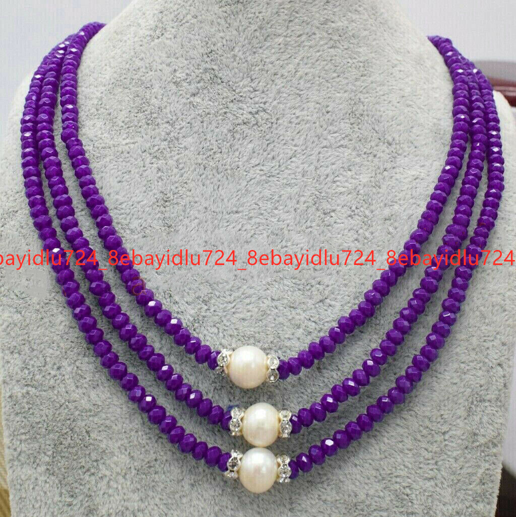 3 Rows Faceted 2x4mm Multicolor Gems & 8-9mm White Pearl Necklace 17-19 in