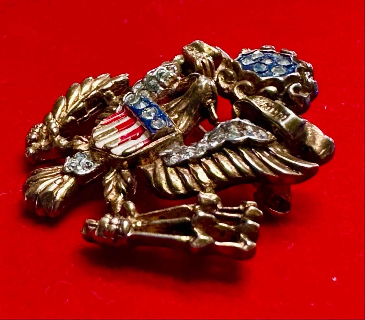 Vtg. Philippe Crown Trifari US Eagle Seal / Insignia Rhinestone Gold Tone Brooch