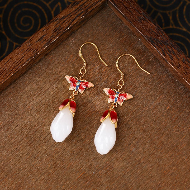 New Chinese Butterfly Enamel Jade Stud Earrings