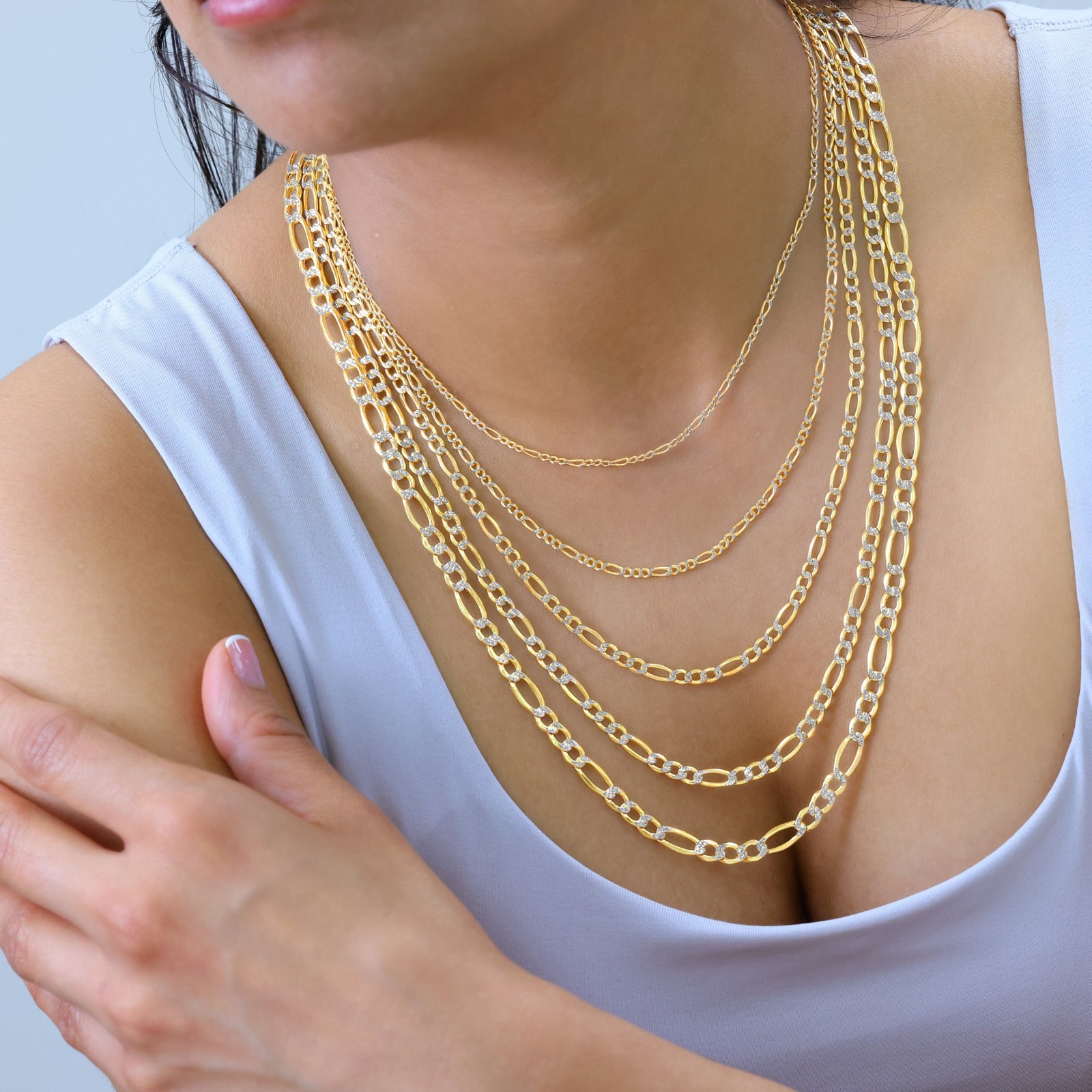 10K Yellow Gold 2mm-9mm Diamond Cut Figaro Pave Chain Necklace Bracelet 7″- 30″