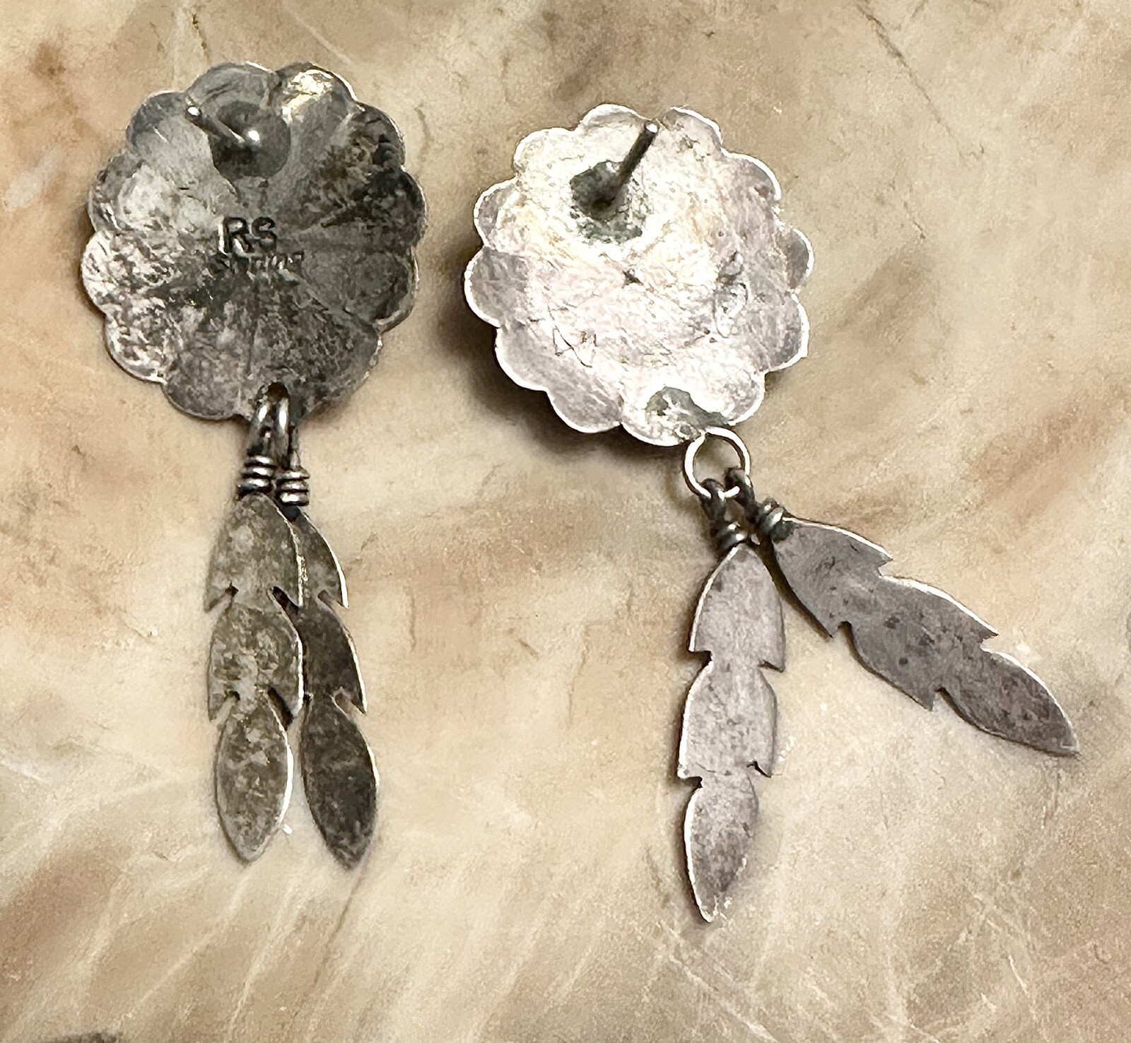 Vintage Roger Skeet Native American 925 Silver Turquoise Feather Dangle Earrings