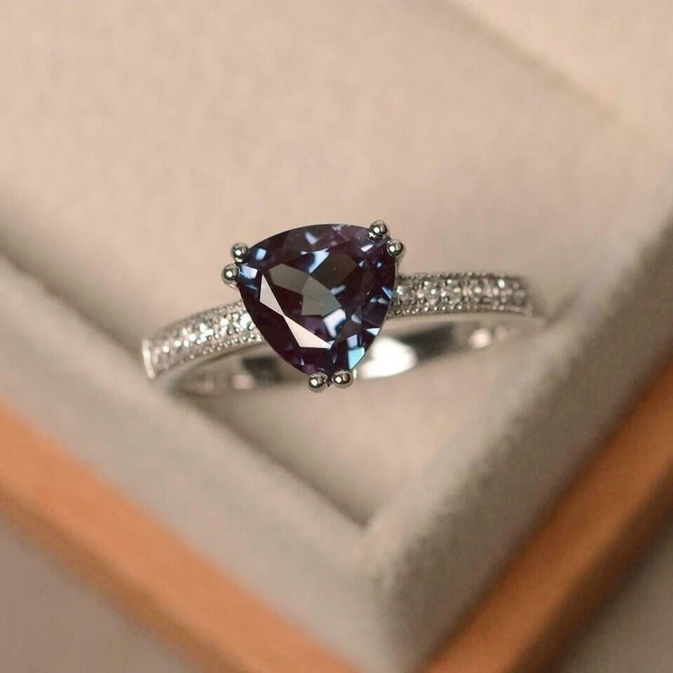 1.50Ct Trillion Cut Alexandrite Solitaire Engagement Ring 14K White Gold Finish