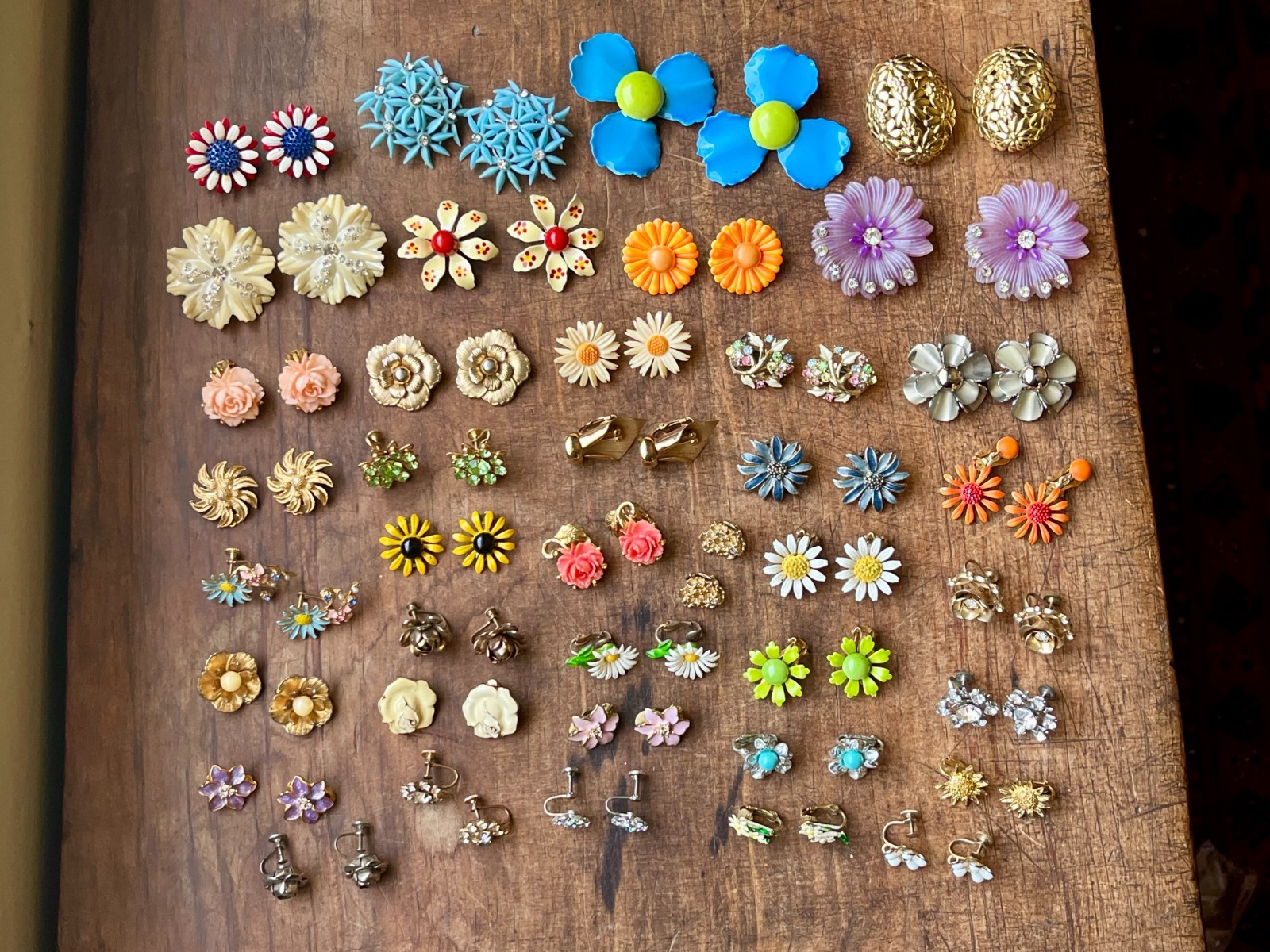Huge Vintage Flower Earring Pairs Lot Enamel Rhinestone Coro Avon W Germany Etc.