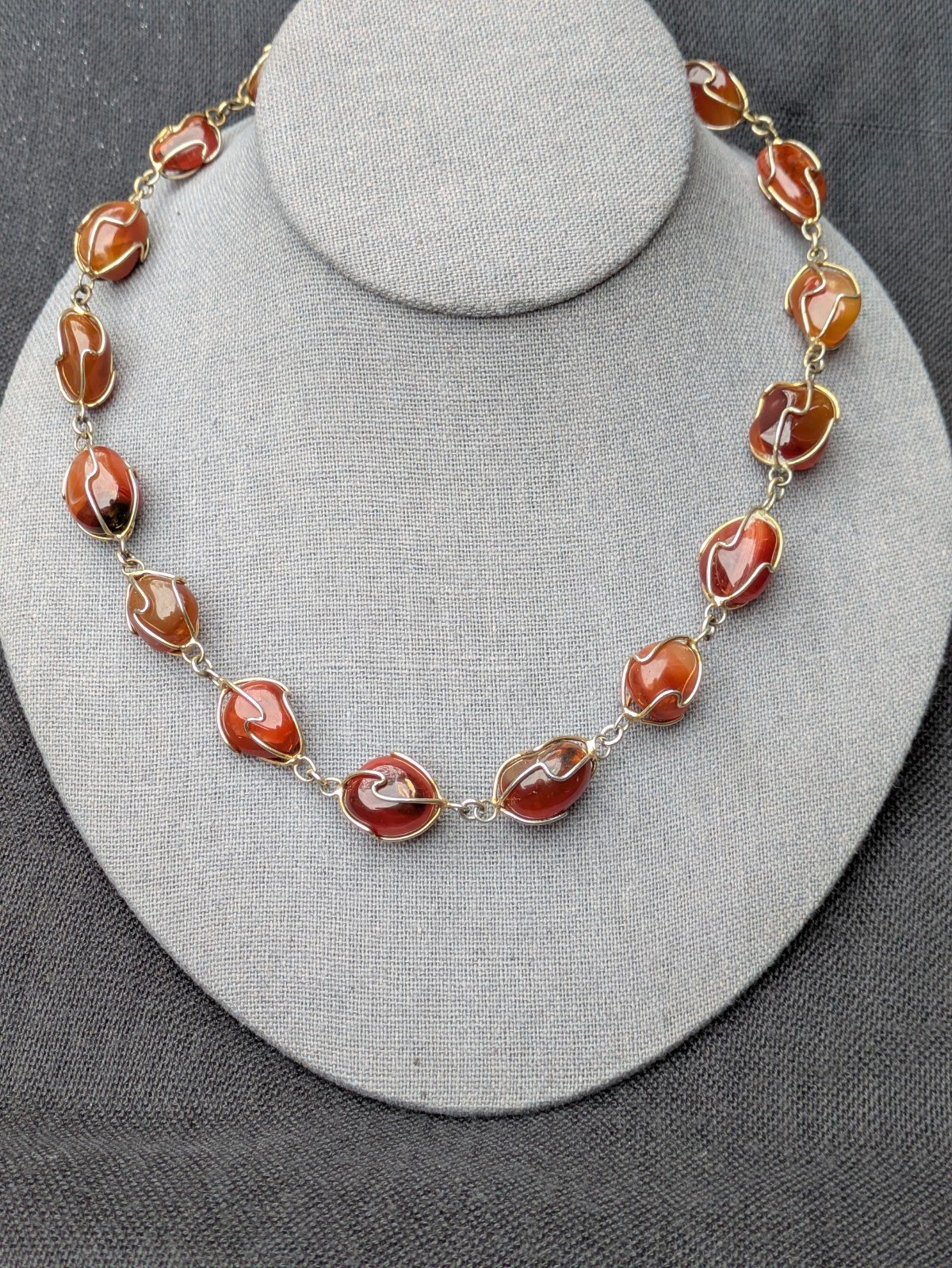 Wire Wrapped Tumbled Banded Agate 32.5″ Necklace ~ Red Orange Brown Gemstone F19