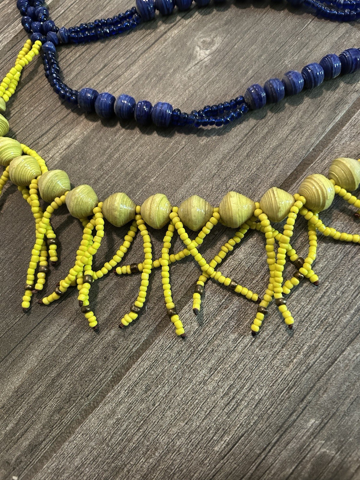 Noonday Collection Handmade African Beaded Bib Necklace Yellow Blue Brown.