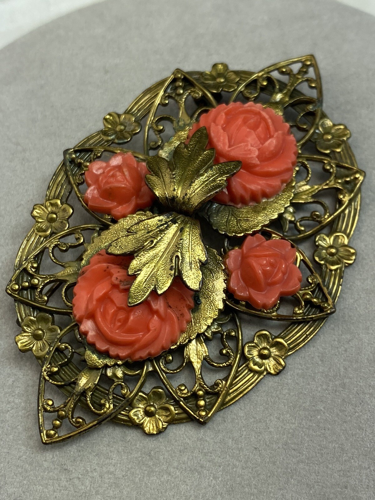 Vintage Filigree Brooch Estate Jewelry Pre-Owned Coral Rose XXL Die Struck