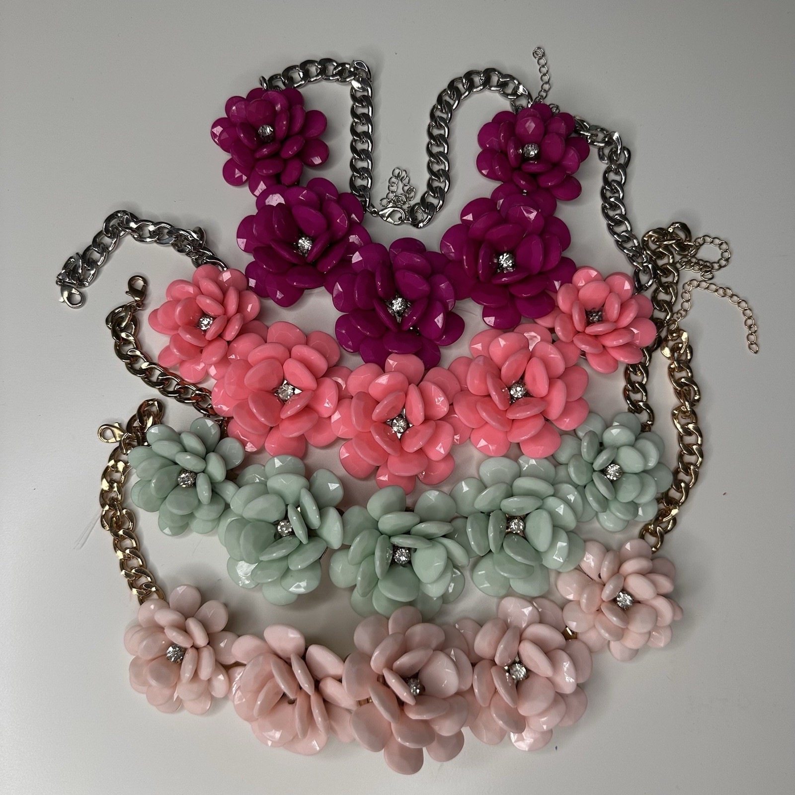 Multicolor Resin Flower Statement 4 Necklaces w/ Clear Rhinestones, Curb Link