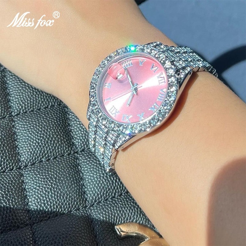 Hip Hop Luxury Ice out Women’s Watch Lady Iced Bling Silver Pink Diamond Jewelry