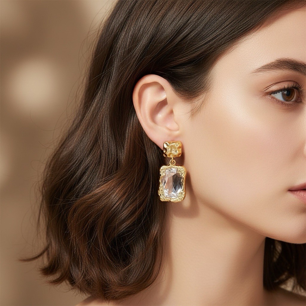 Molten Gold Earrings Hammered Crystal Clear Artisan VTG Fairycore Liquid Boho