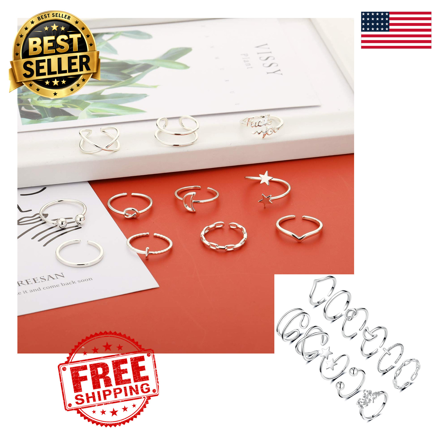 Honsny 11pcs Silver Stackable Adjustable Bands Hypoallergenic for Women Teens