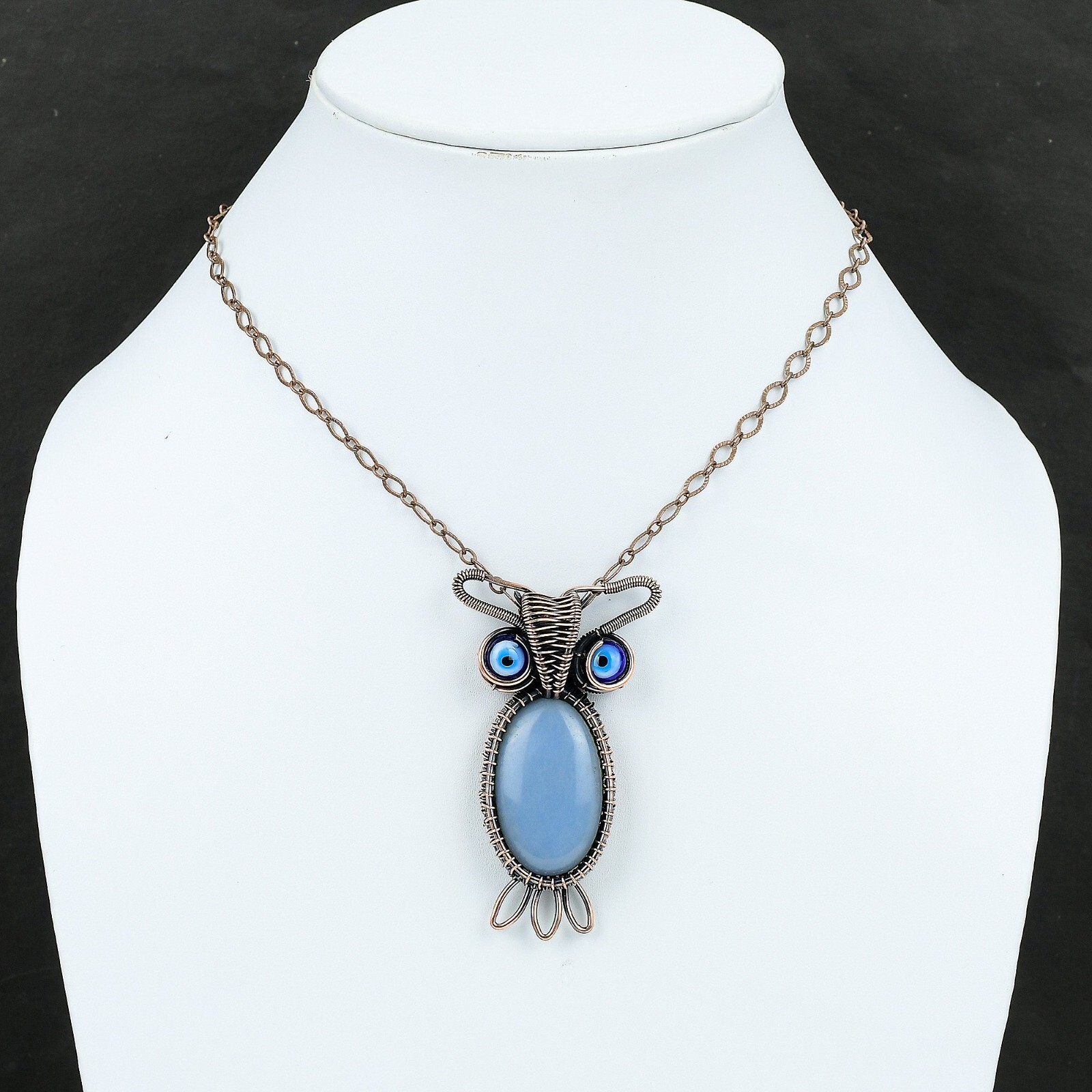 Gift For Her Unknown Copper Natural Angelite Pendant Owl And Wire Wrapped