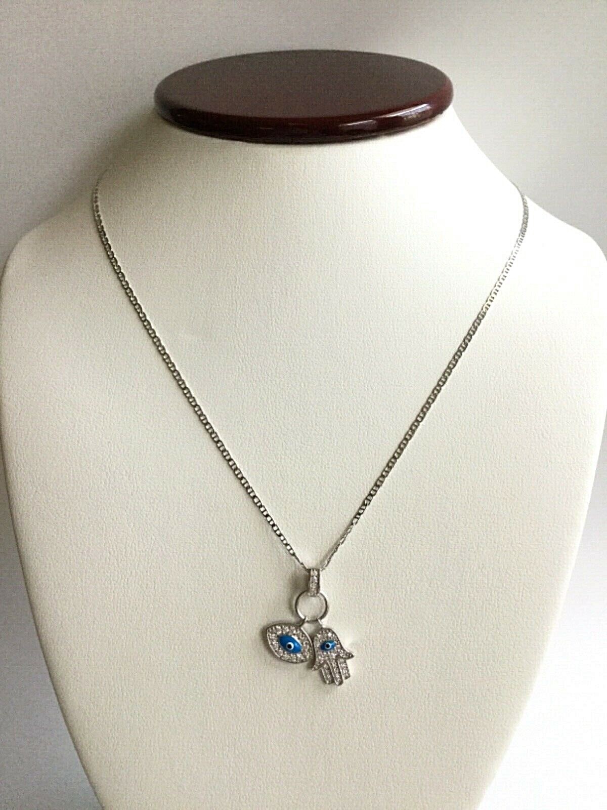 925 SILVER HAMSA EYE MARINER LINK NECKLACE 16″ / CADENA PLATA MANO,OJO-SN14