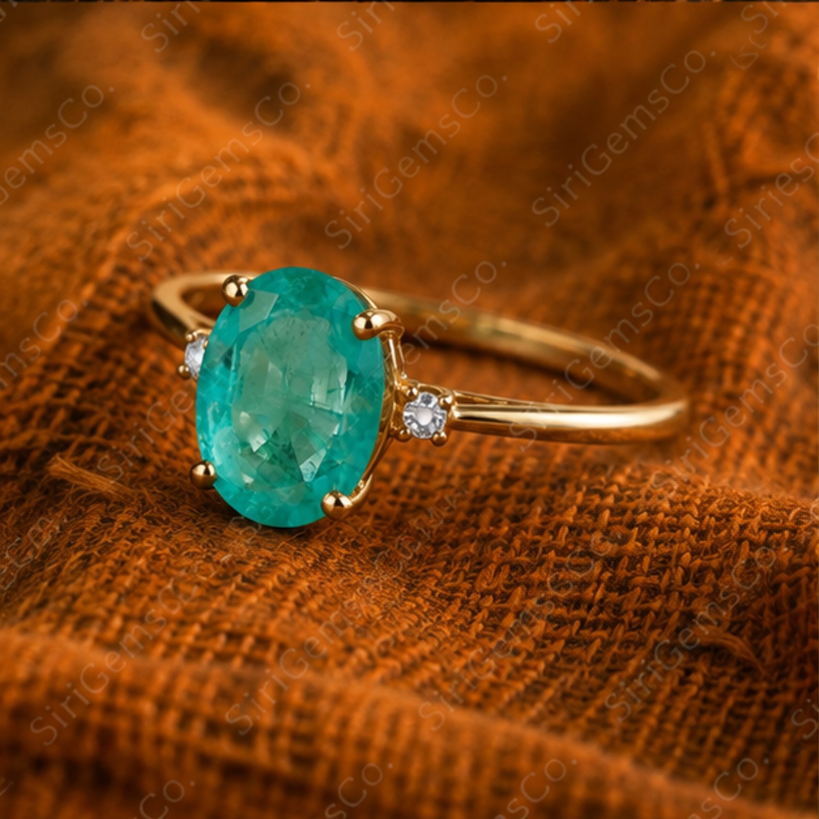 Oval Mint Green Emerald Ring Diamond Side Accent 14k Yellow Gold Over Silver Fin