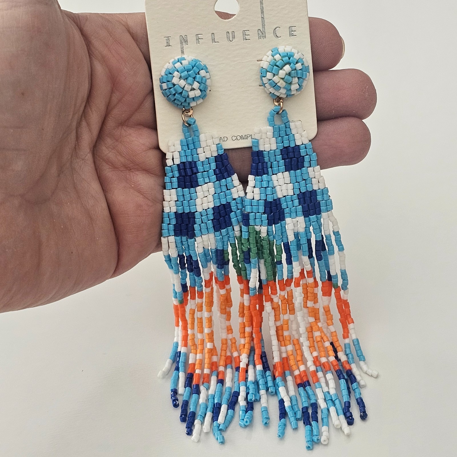 Boho Chic Blue Orange Fruit Dangle Drop Fringe Bead Earrings Beaded 5.5″ NEW
