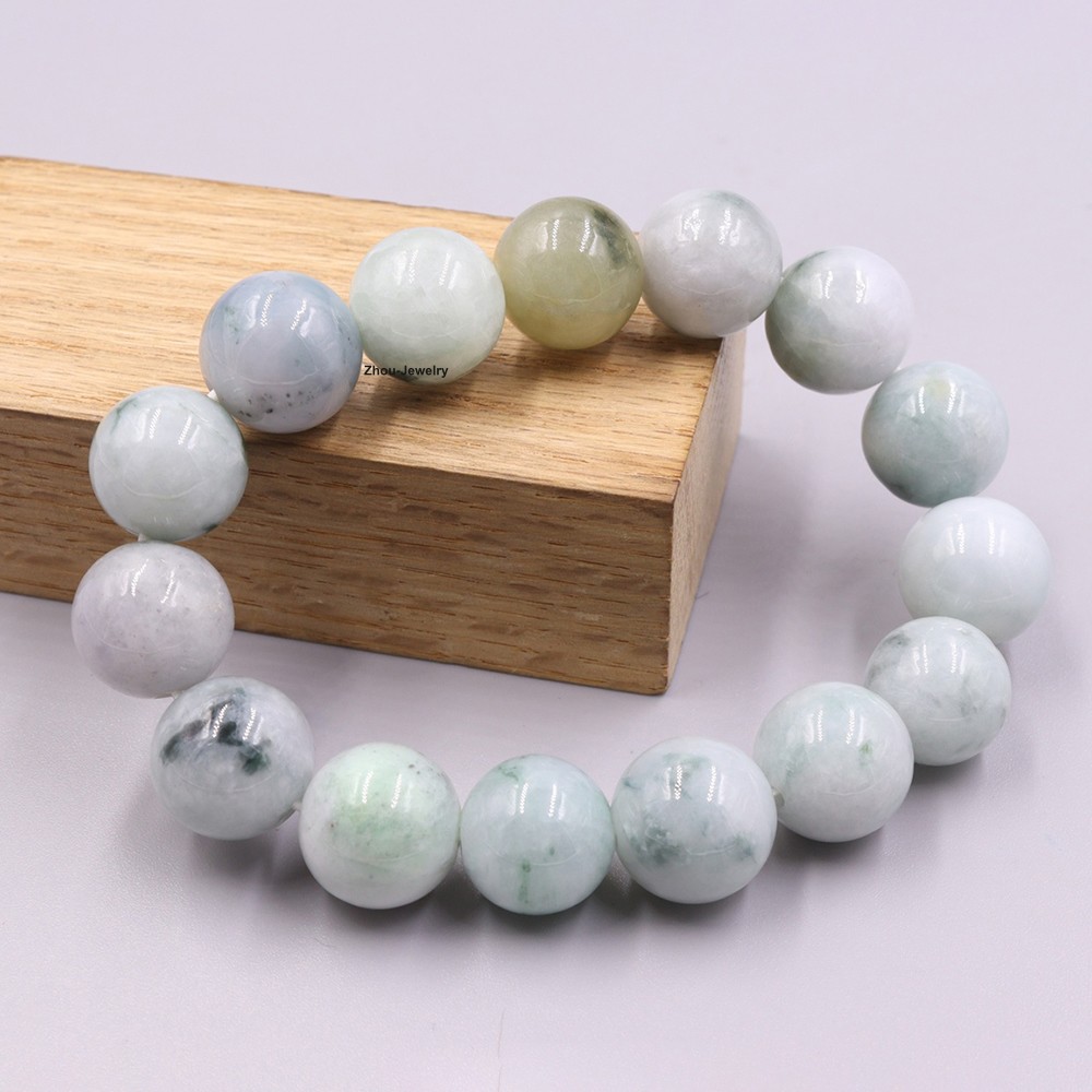 NEW 13mm Natural Grade A Jade Spotted Bead Elastic Bracelet Fit 6.7inch Wrist