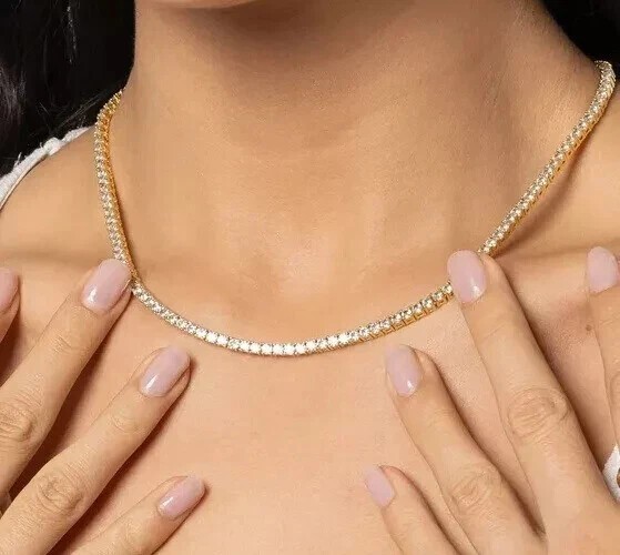 Round Lab Grown Diamond FG/VS-SI Wedding Gift Tennis Necklace 14k Yellow Gold