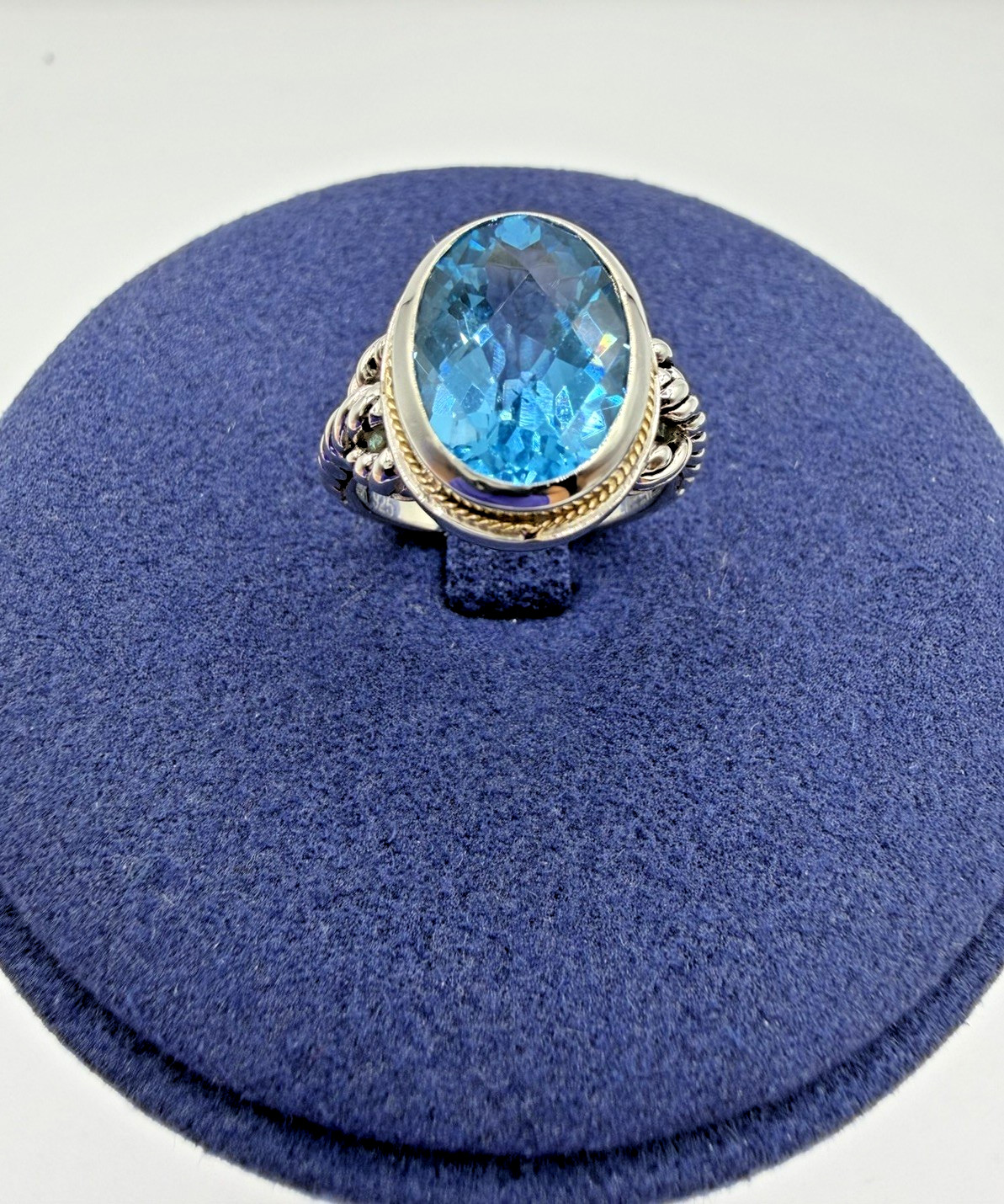 Designer Effy Sterling Silver & 18k Gold Oval Blue Topaz Twisted Cable Ring Sz 7