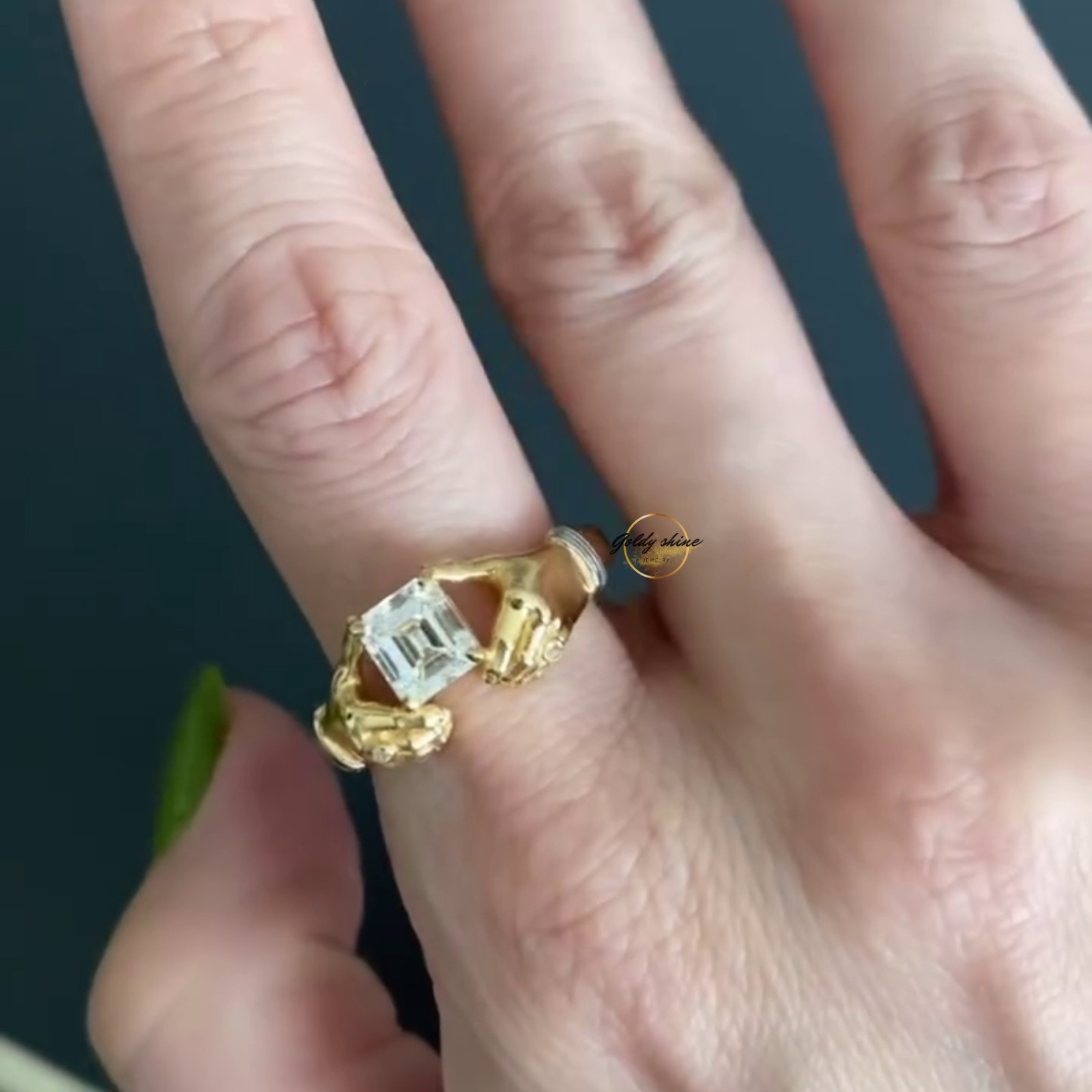 1 Ct Asscher Cut Moissanite Grasping Hands Artistic Ring 14K Yellow gold plated