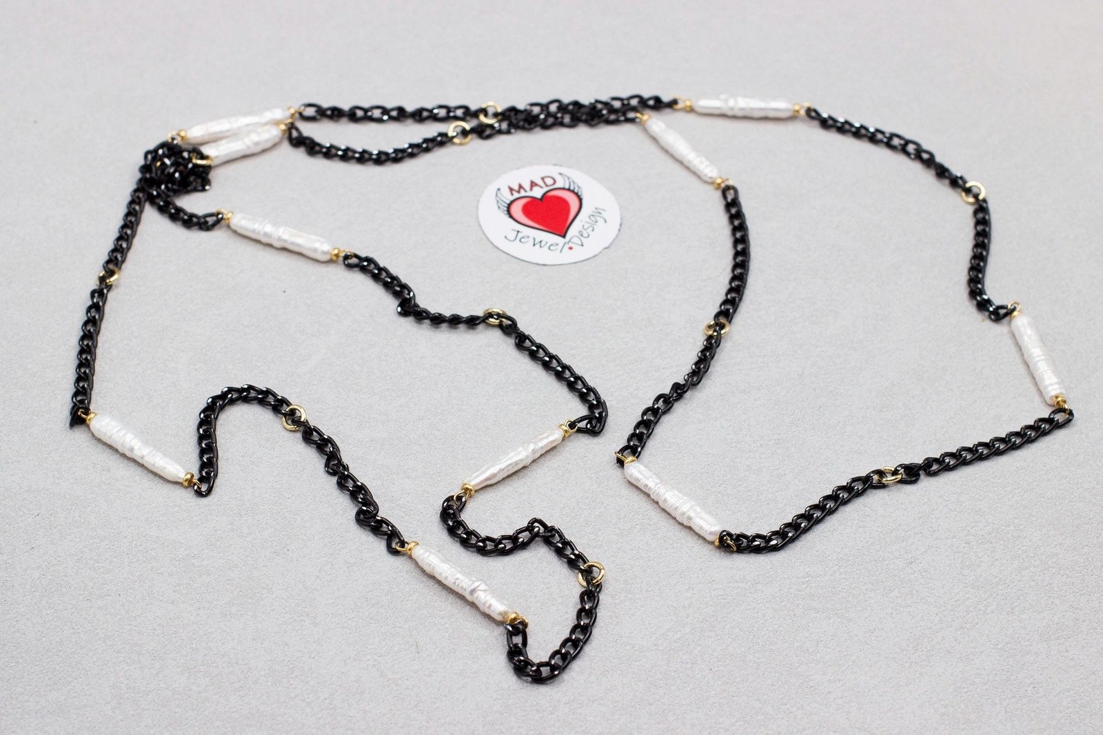 50 Inch White Biwa Pearl Black Chain Necklace Gold Plated Long Layering Jewelry