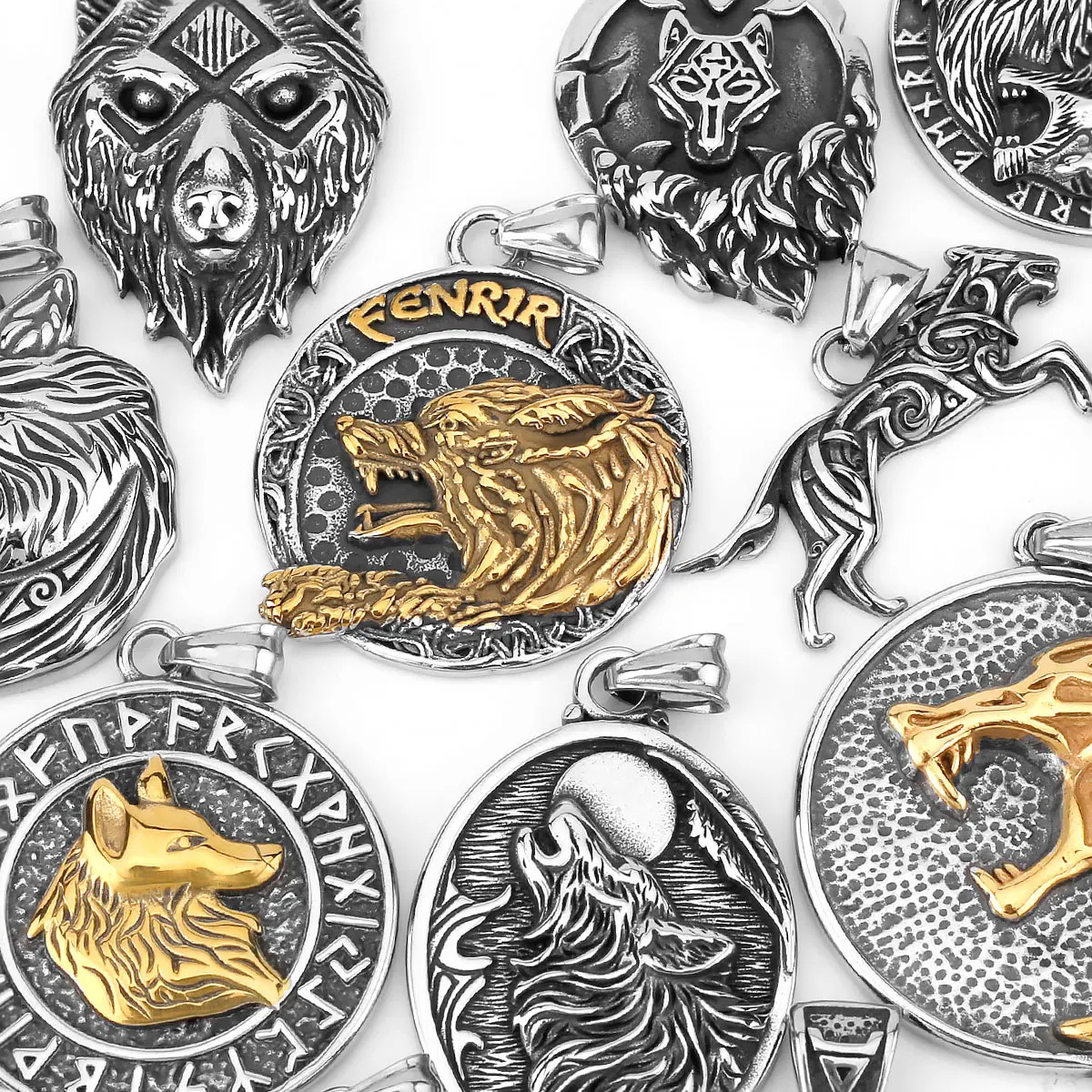 316L Stainless Steel Jewelry Vintage Viking Wolf Head Pendant Necklace Norse Vi