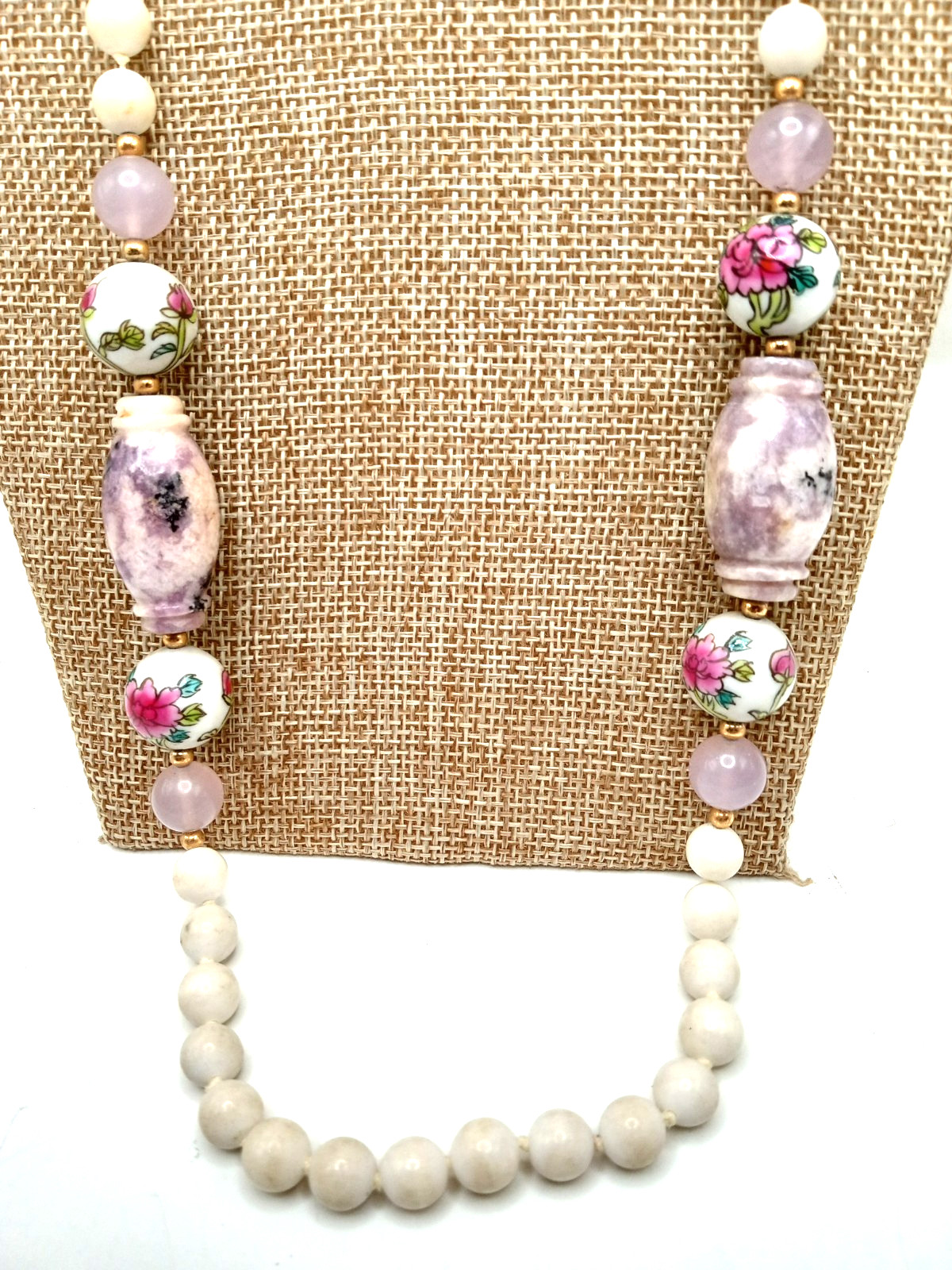 Vintage Porcelain Hand Painted Beads 32 In Necklace w Amethyst and Stone Beads