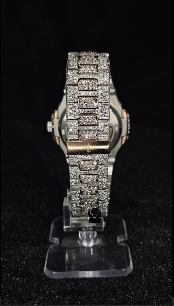 Men’s Full Iced Out Rose Gold & White Buguette Dial Automatic Watch