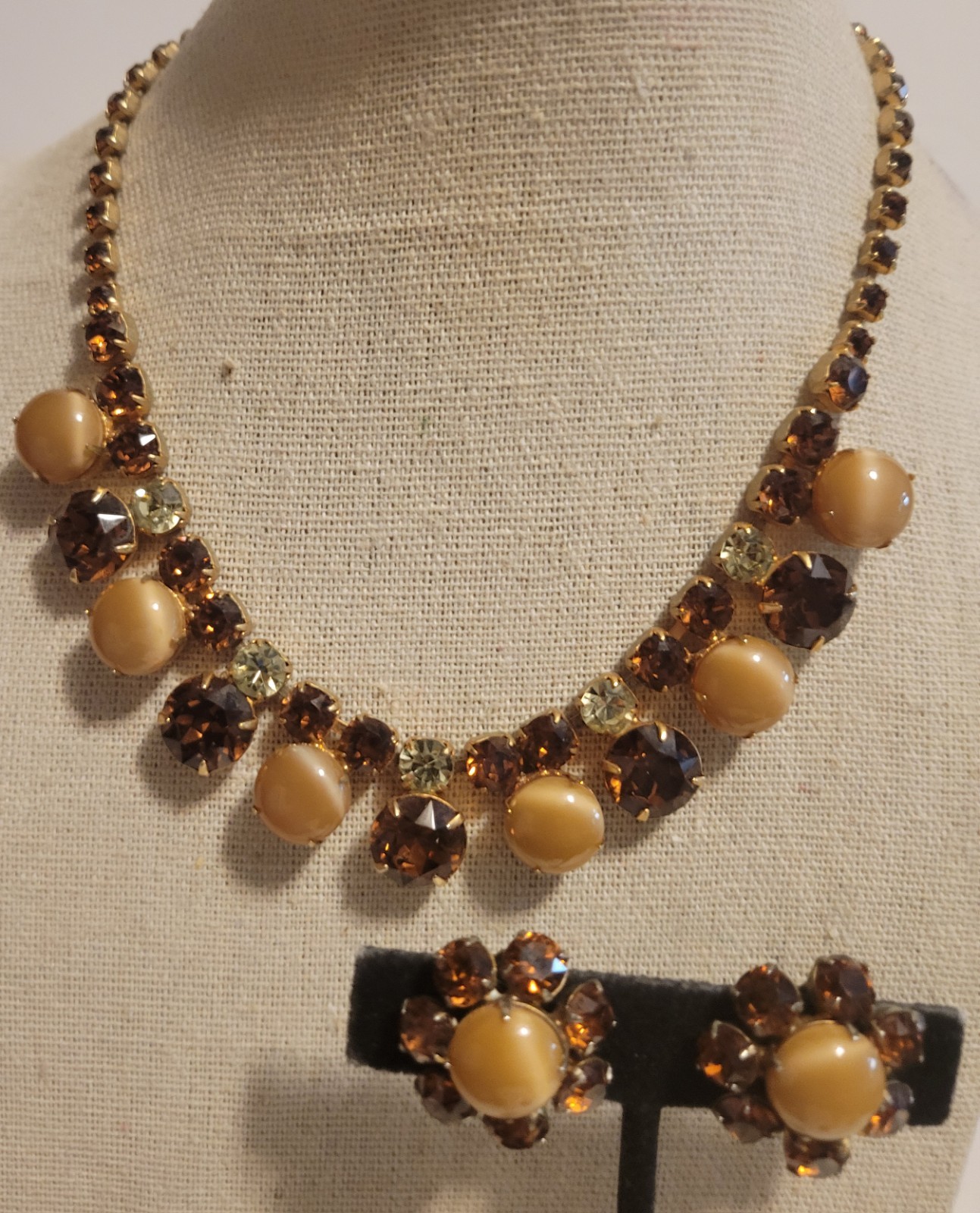 Vintage Necklace Earring Citrine Amber Color Brown Lrg Round Rhinestone 15″ Set