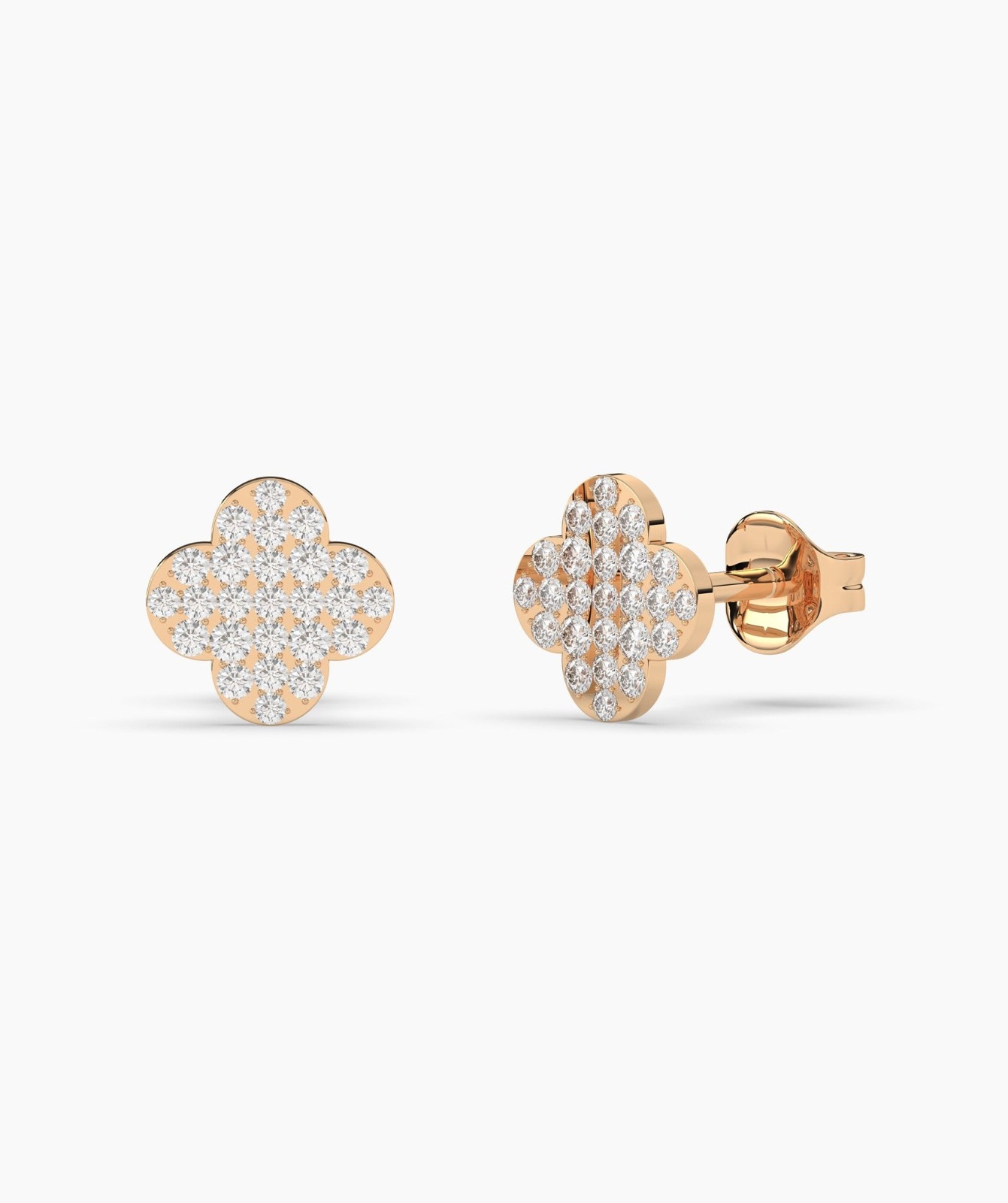 14K Solid Gold Round Cut Lab Grown Diamond Four Leaf Clover Pave Studs For Gift