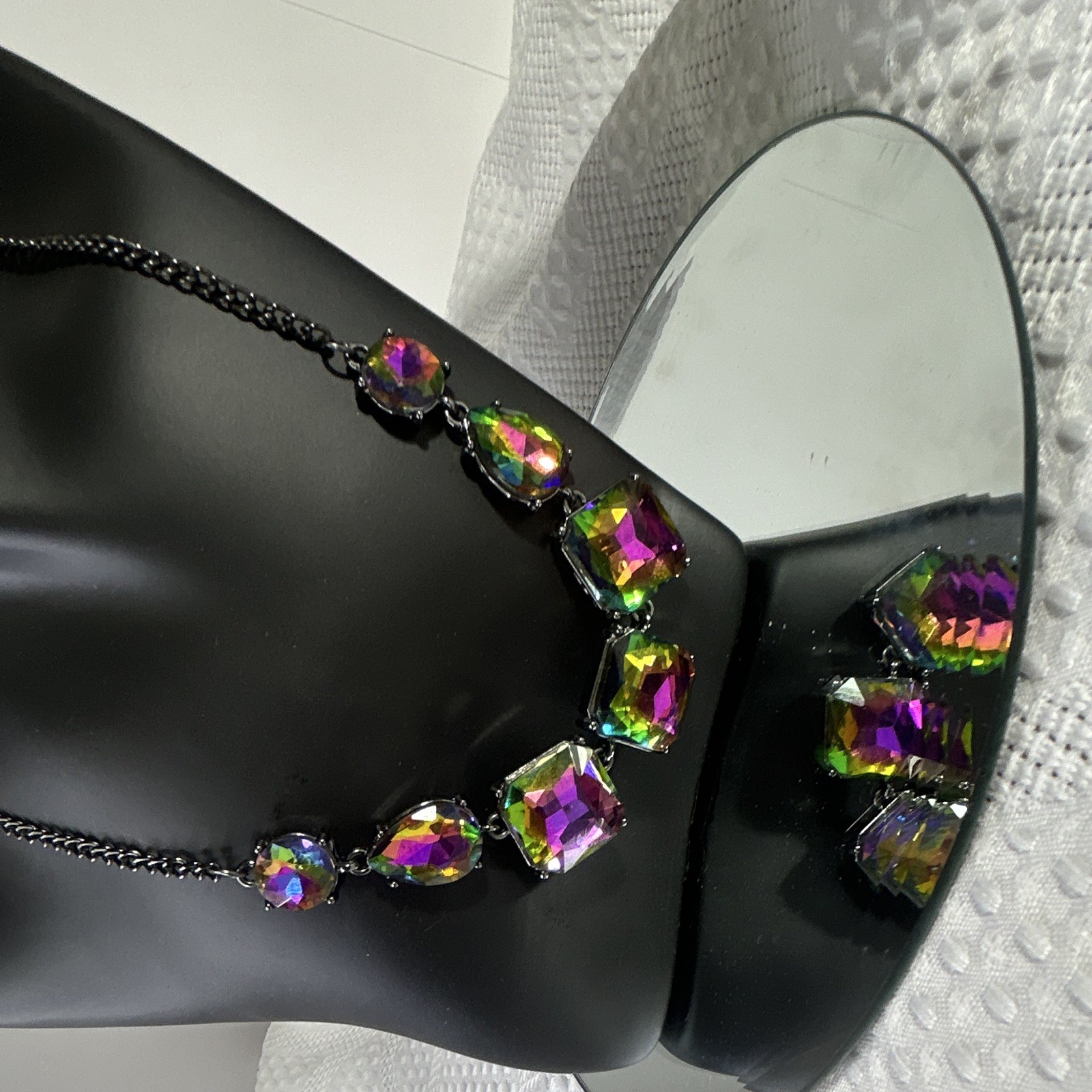 Black Curb Link Chain Necklace 7 Multicolor Octagon Crystals Adjustable Spring