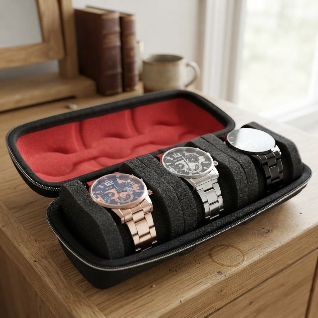 Sleek 3-Slot Hard Shell Watch Organizer with Soft Pillows | Portable & Dustproof