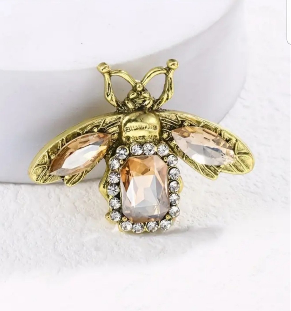 VTG GOLD TOPAZ HONEY BEE INSECT BUG BROOCH PIN~RHINESTONE CRYSTAL~GARDENER GIFT