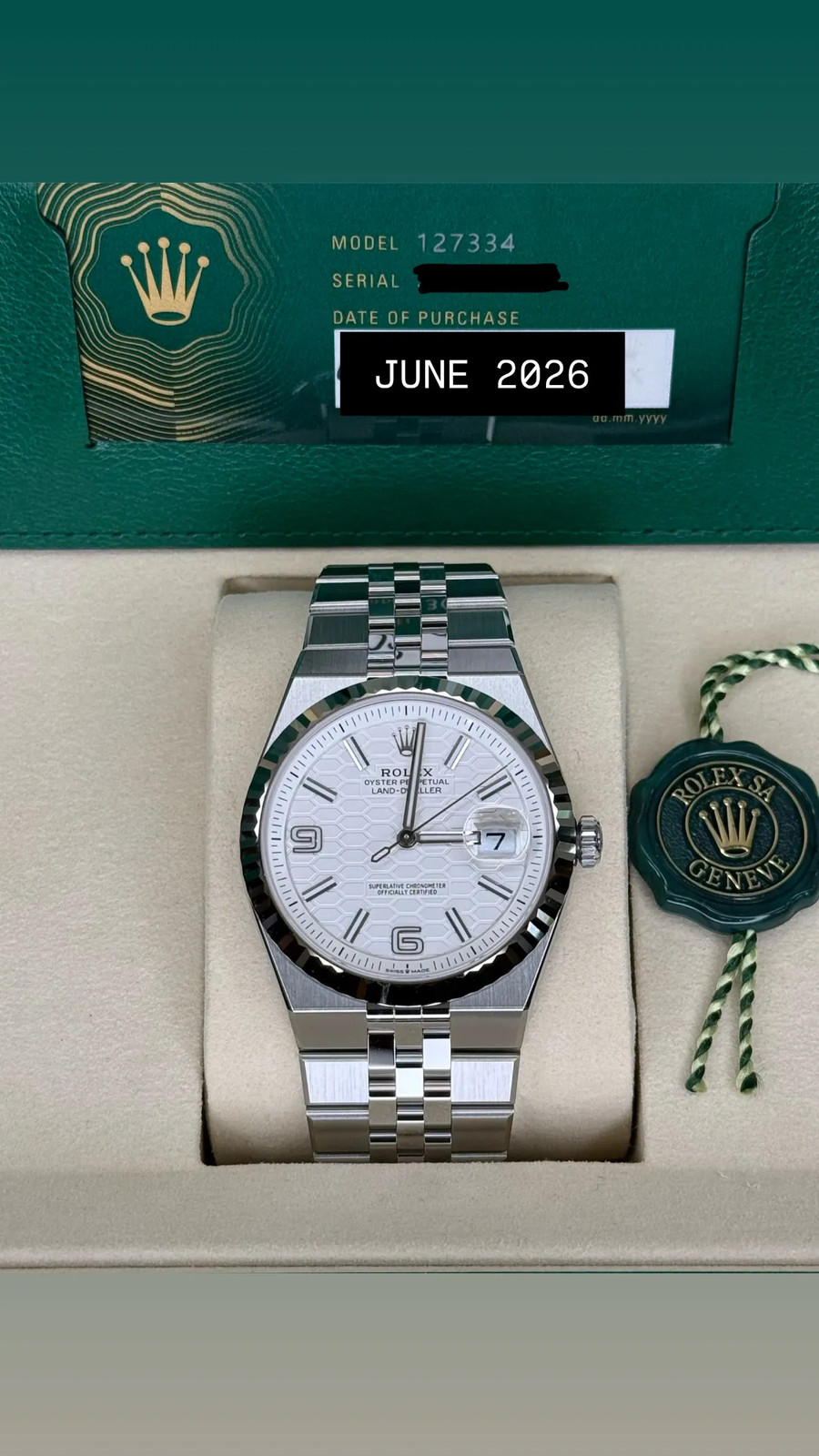 2026 Rolex Land-Dweller 40 White Honeycomb Dial on Flat Jubilee 127334 Complete