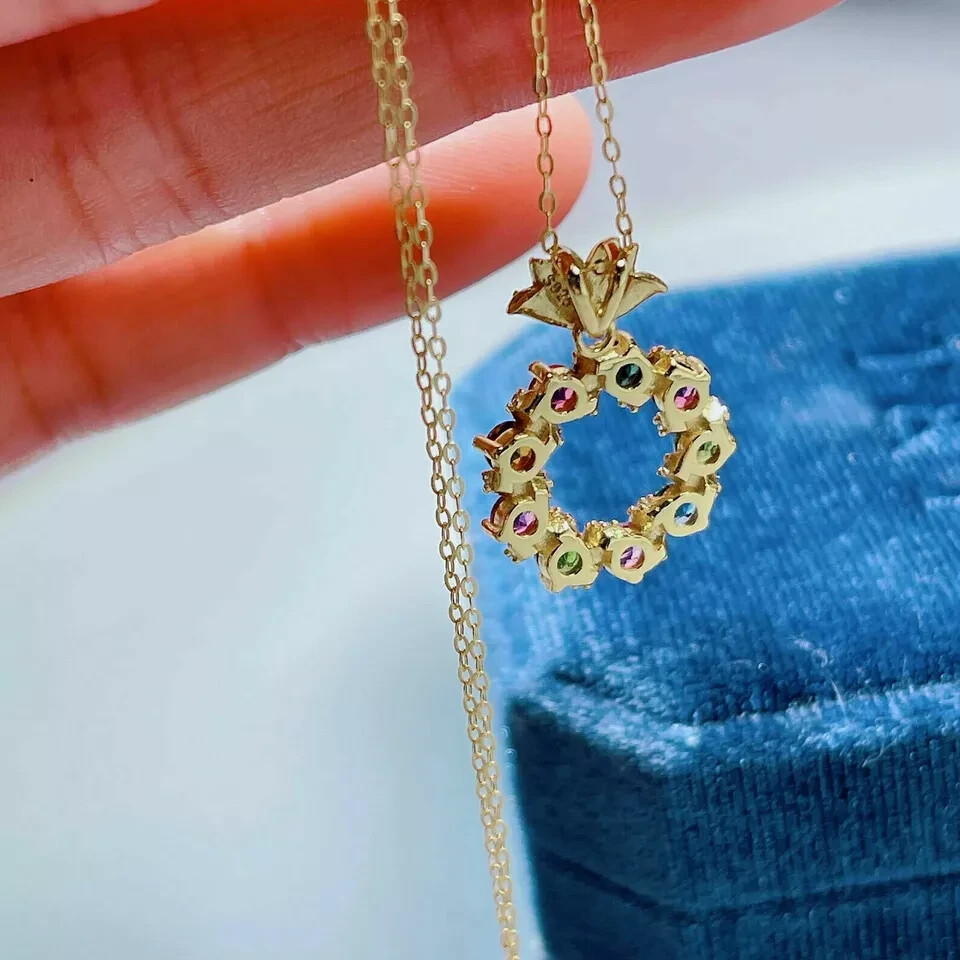 1.00Ct Round Cut Rainbow Circle Pendant 18” Free Chain 14K Yellow Gold Finish
