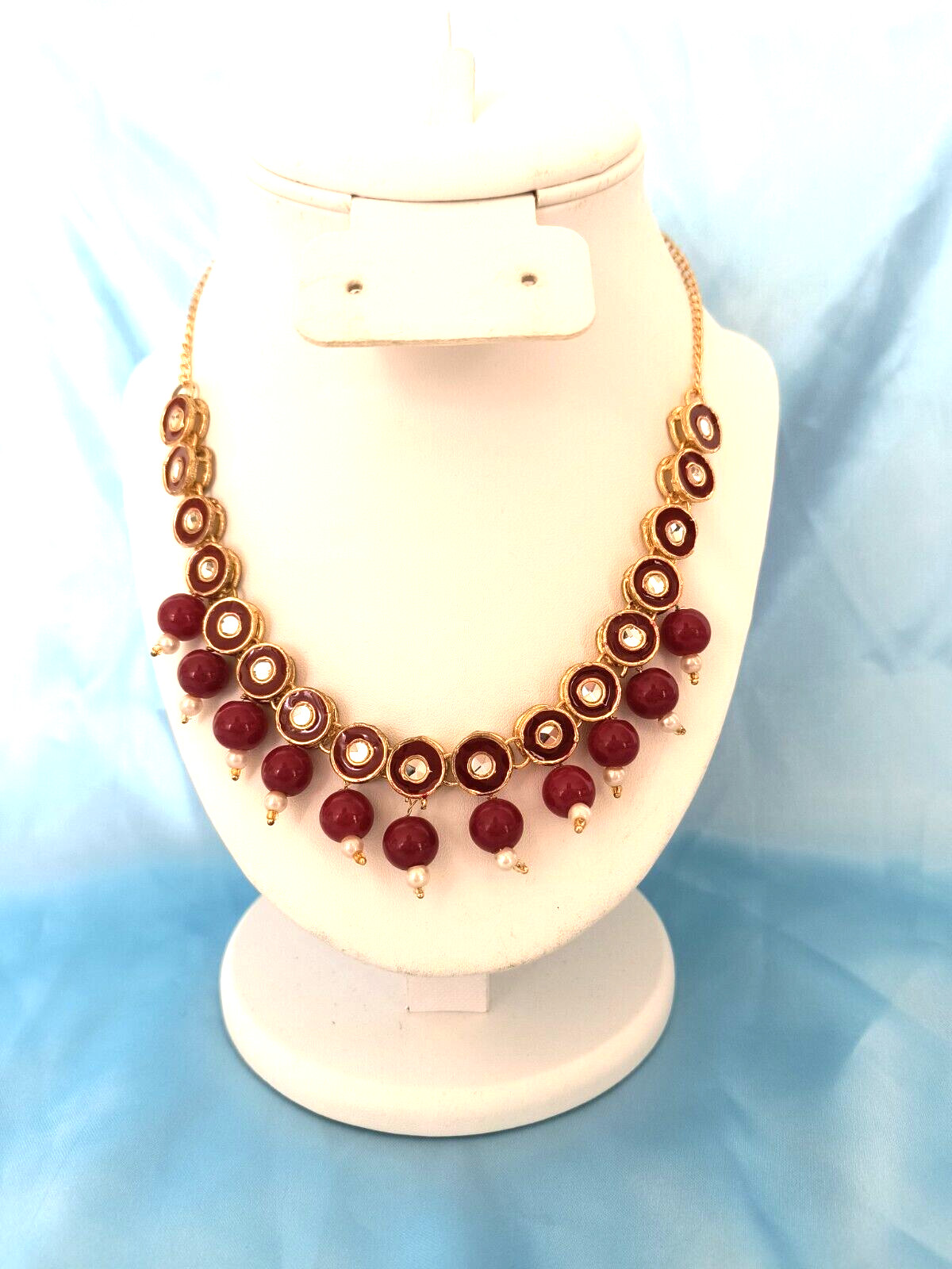 Women’s Statement Necklace Red Gold White Clear Colors with Gold Tone Chain
