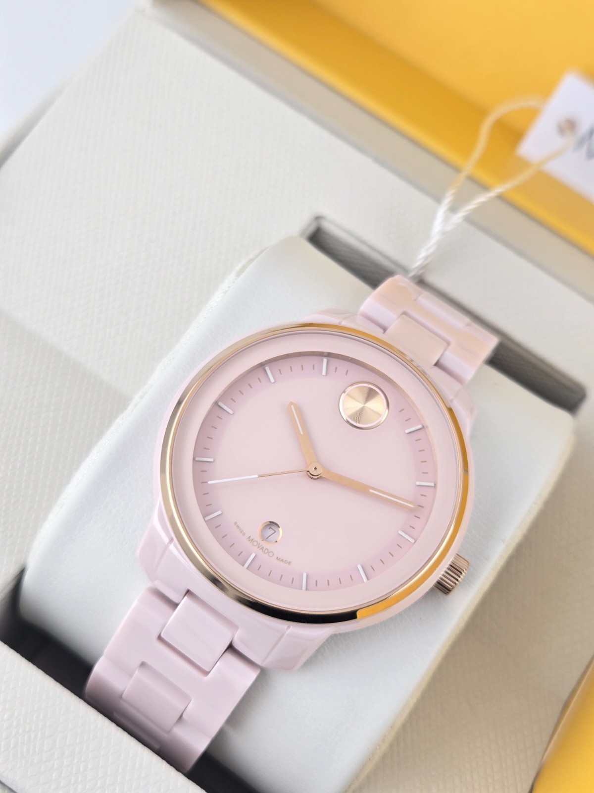 Movado Bold Verso Women’s Blush Dial Ceramic Swiss Watch – 3600935 ($895 MSRP)