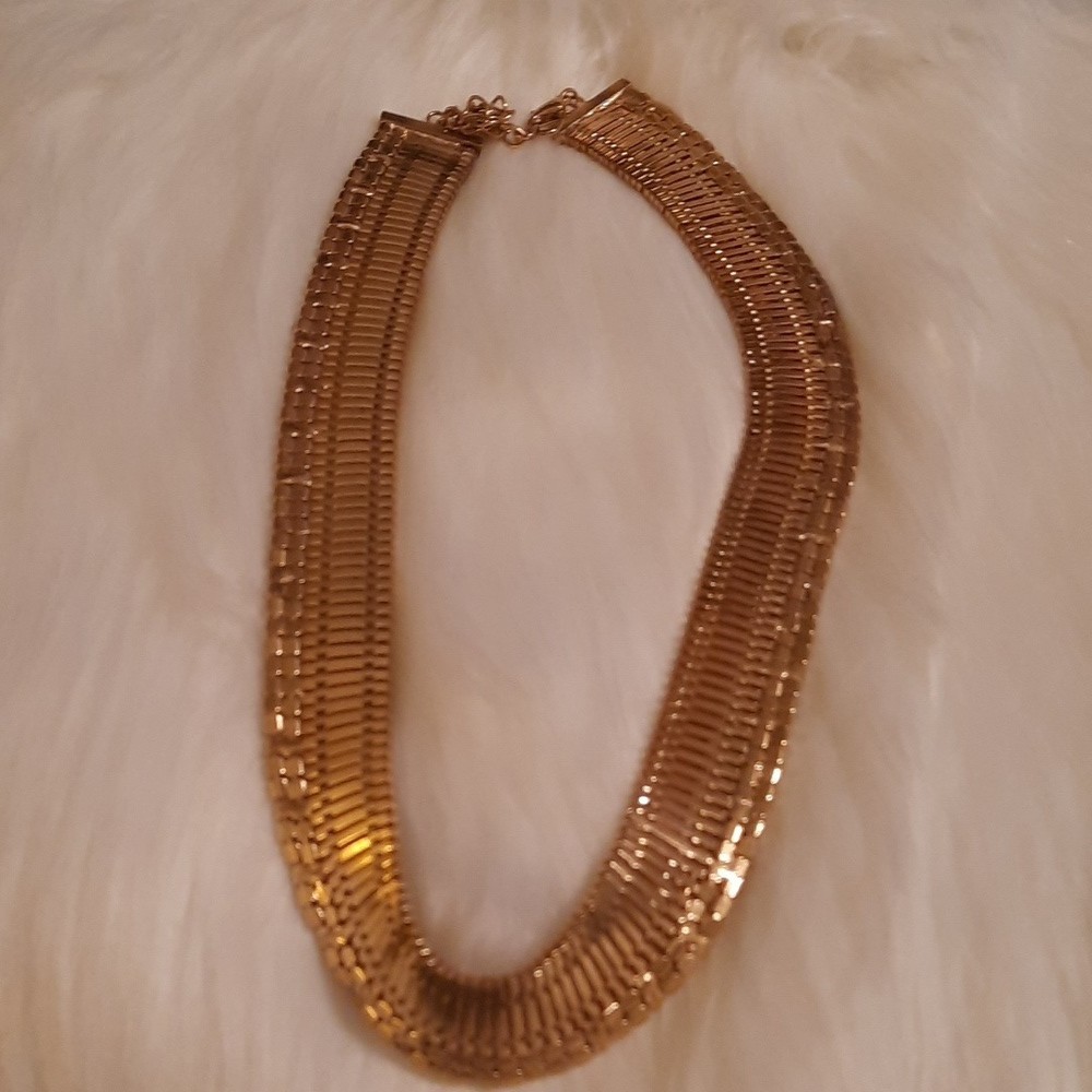Cz goldtone accordian style choker collar bib necklace adjustable length