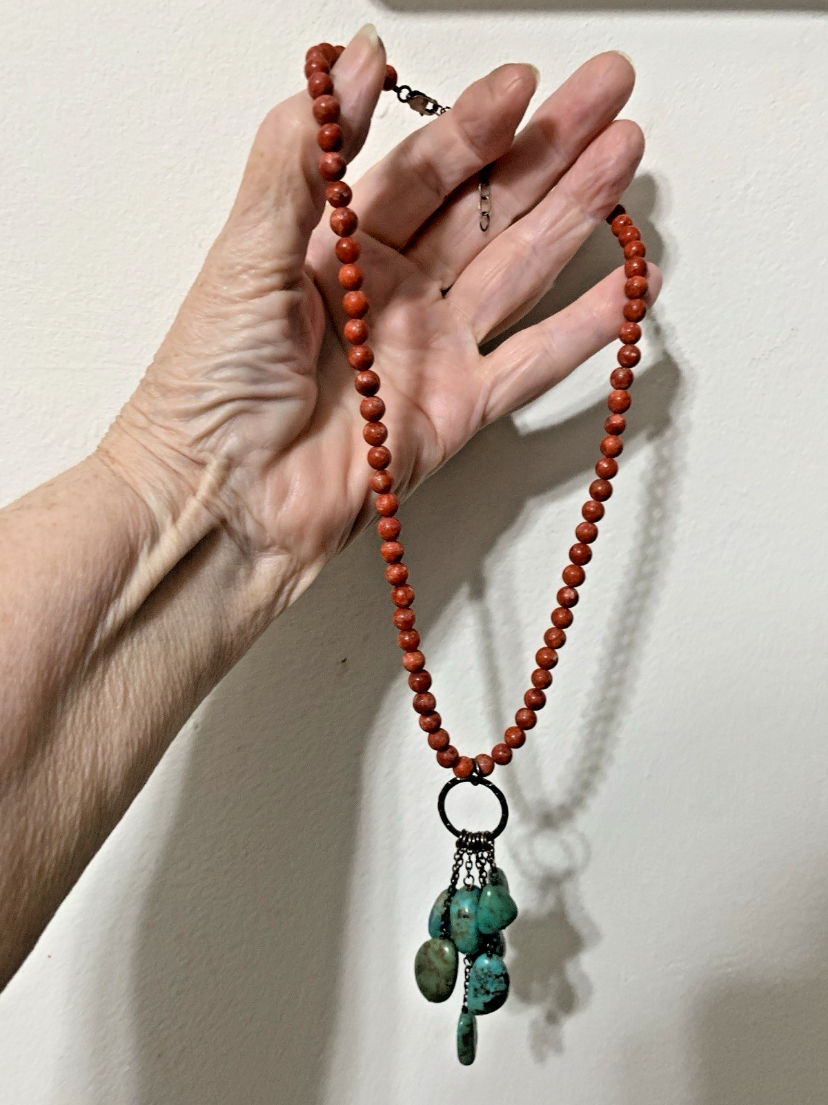 Southwestern Style Red Coral & Turquoise SS Beaded Necklace,Dangling Pendant,22”