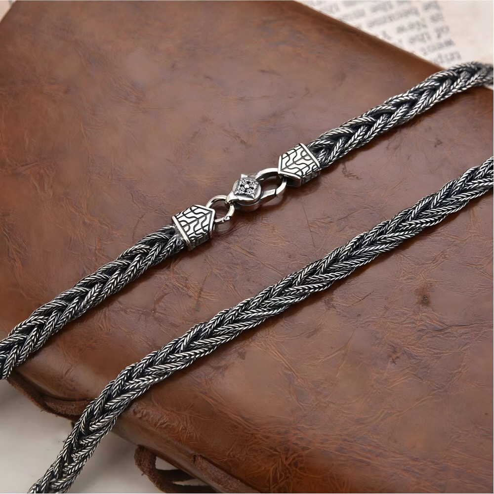 Pure S925 Sterling Silver Chain 6mm Braided Foxtial Link Necklace34-35g 23.6inch