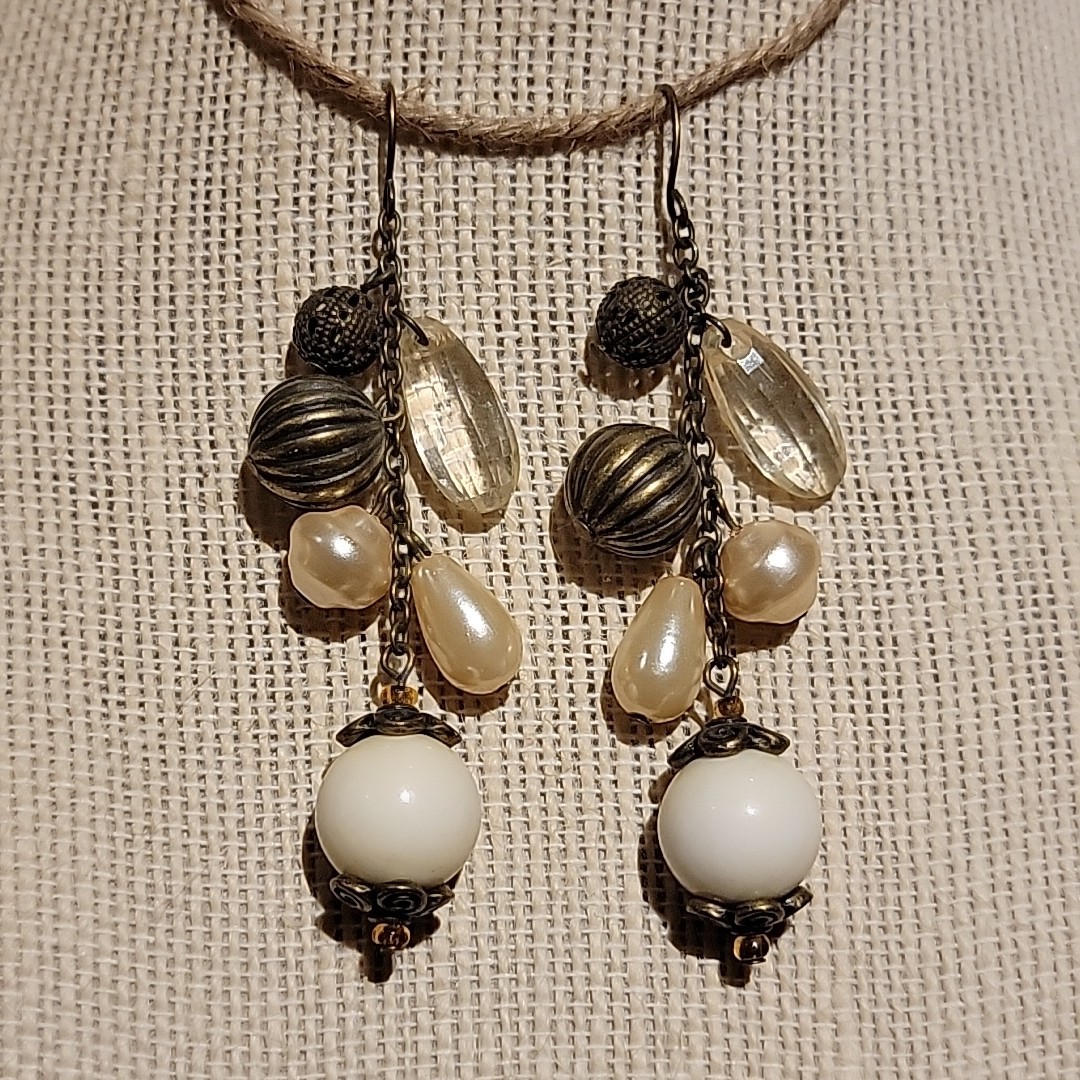 Vintage Faux Pearl & Metal Beaded Dangle Earrings Ornate Boho Artsy Retro