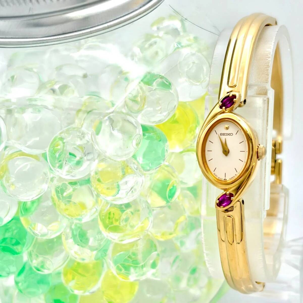 Excellent / Battery SEIKO 2P Color Stone Women’s Watch Gold Bangle 1E20-6230