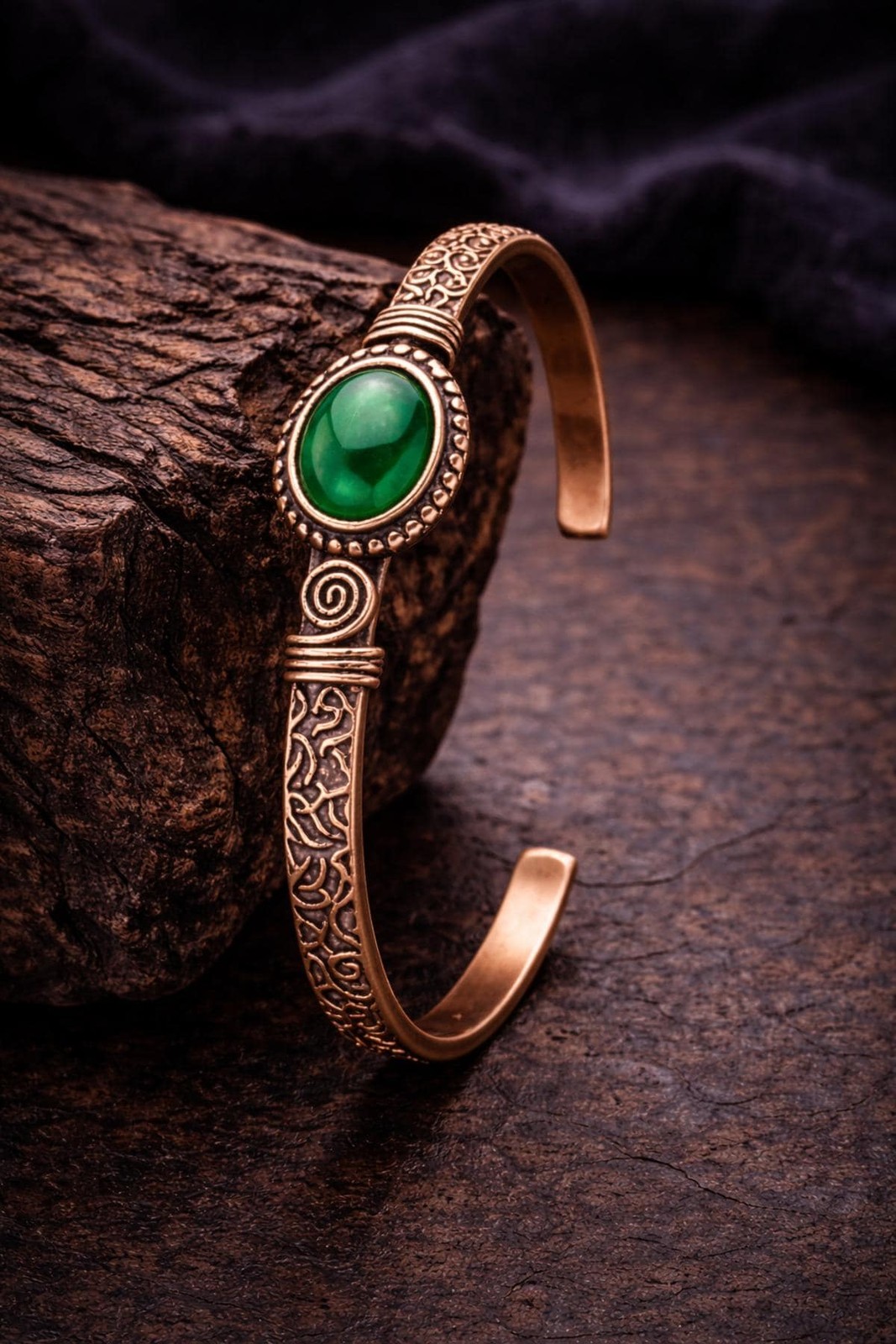 Women’s Copper Bracelet Natural Green Agate Cylinder Model Pure Copper Bangle