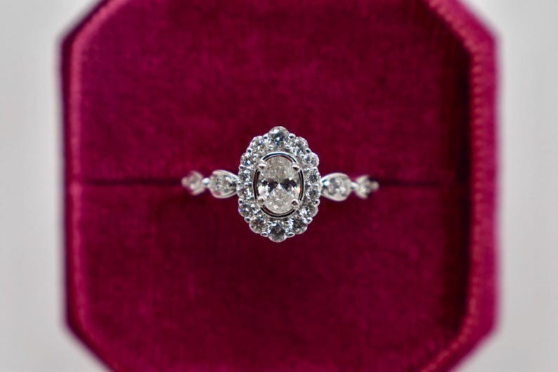 Vintage Style Oval Cut Moissanite Halo Engagement Ring Dainty Promise Ring Her