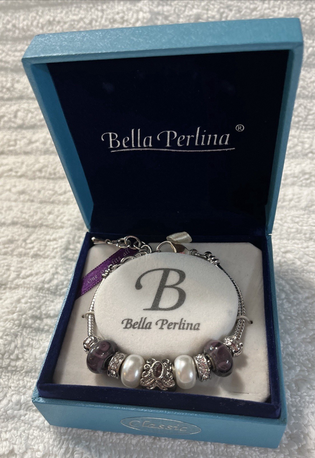 Bella Perlina Charm Bracelet New In Box . Purple Glass Silver tone.