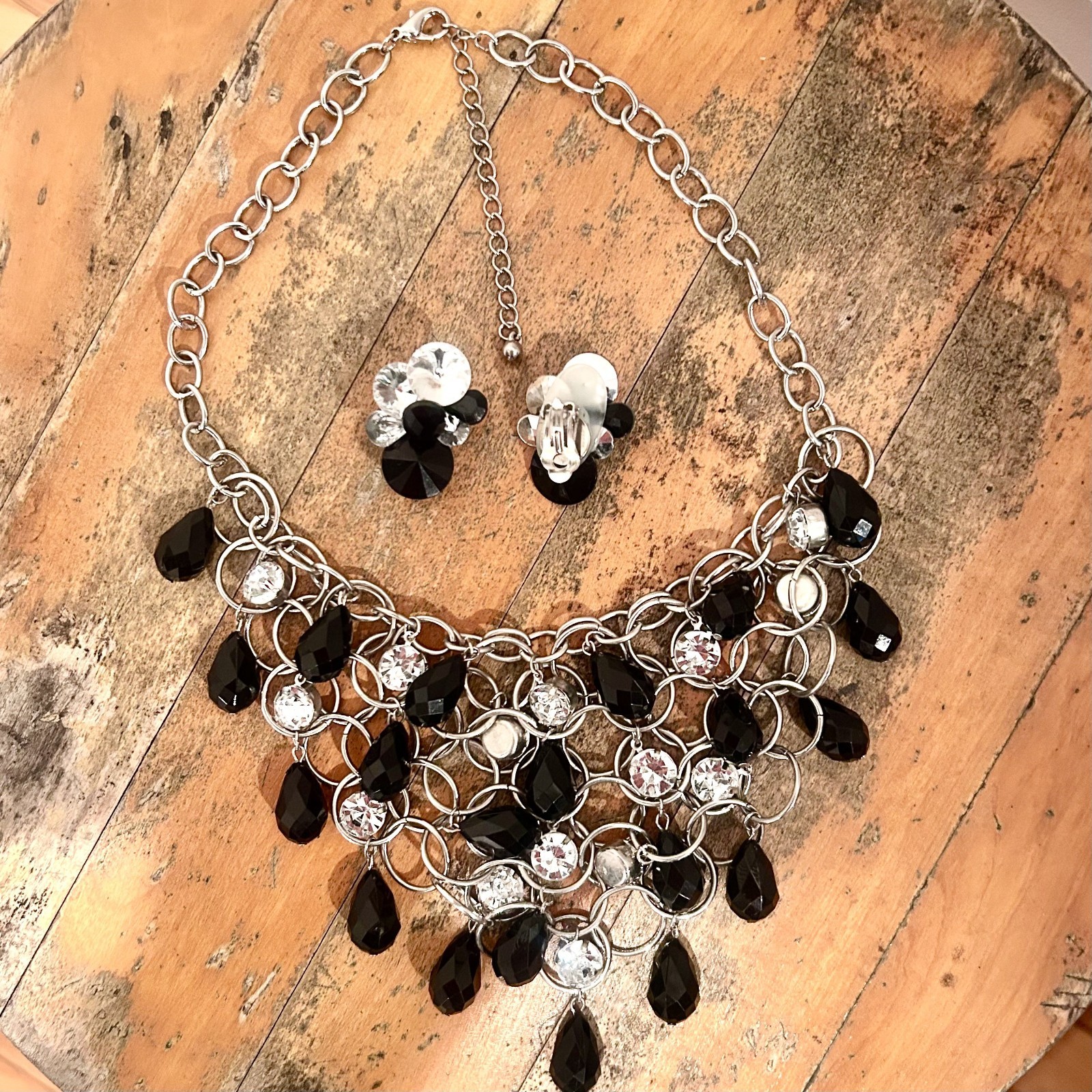 Rhinestone Beaded Statement Necklace & Clip-On Earrings Silver Tone Jewelry Set