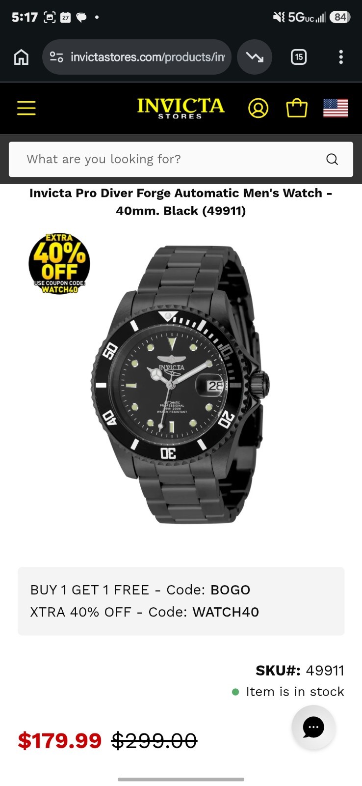 Invicta Pro Diver Forge Automatic Men’s Watch – 40mm Black (49911)