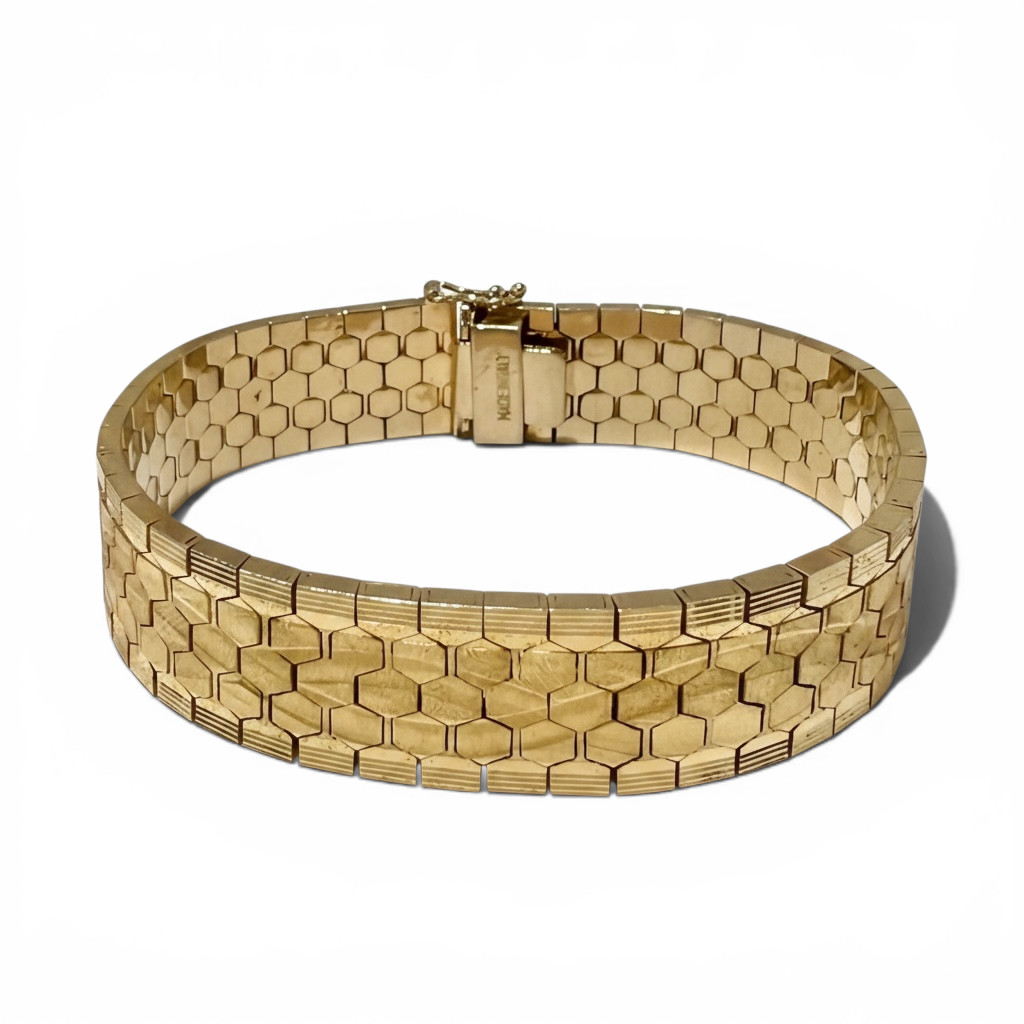 Vintage Italian Honeycomb Link Bracelet Heavy Gold Plated Wide Retro 7.25″ 35.4g