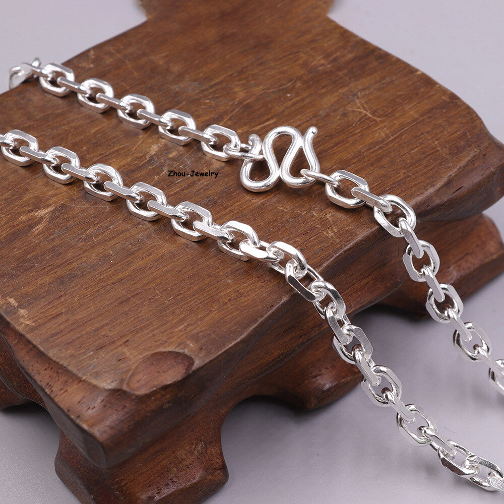 Pure S999 Fine Silver 999 Chain Women Men 5mm Square O Link Chain 35-37g 21.6in
