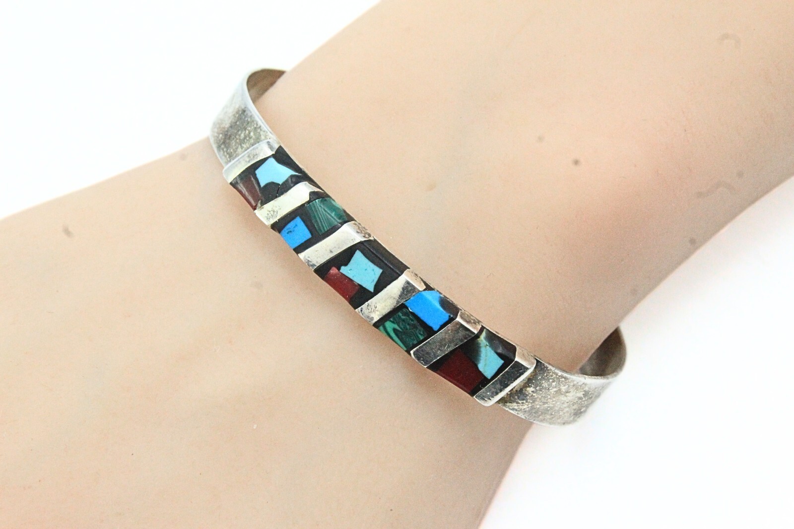 Lovely Mexico Nickle Silver Multi Stones Inlaid Cuff Bracelet