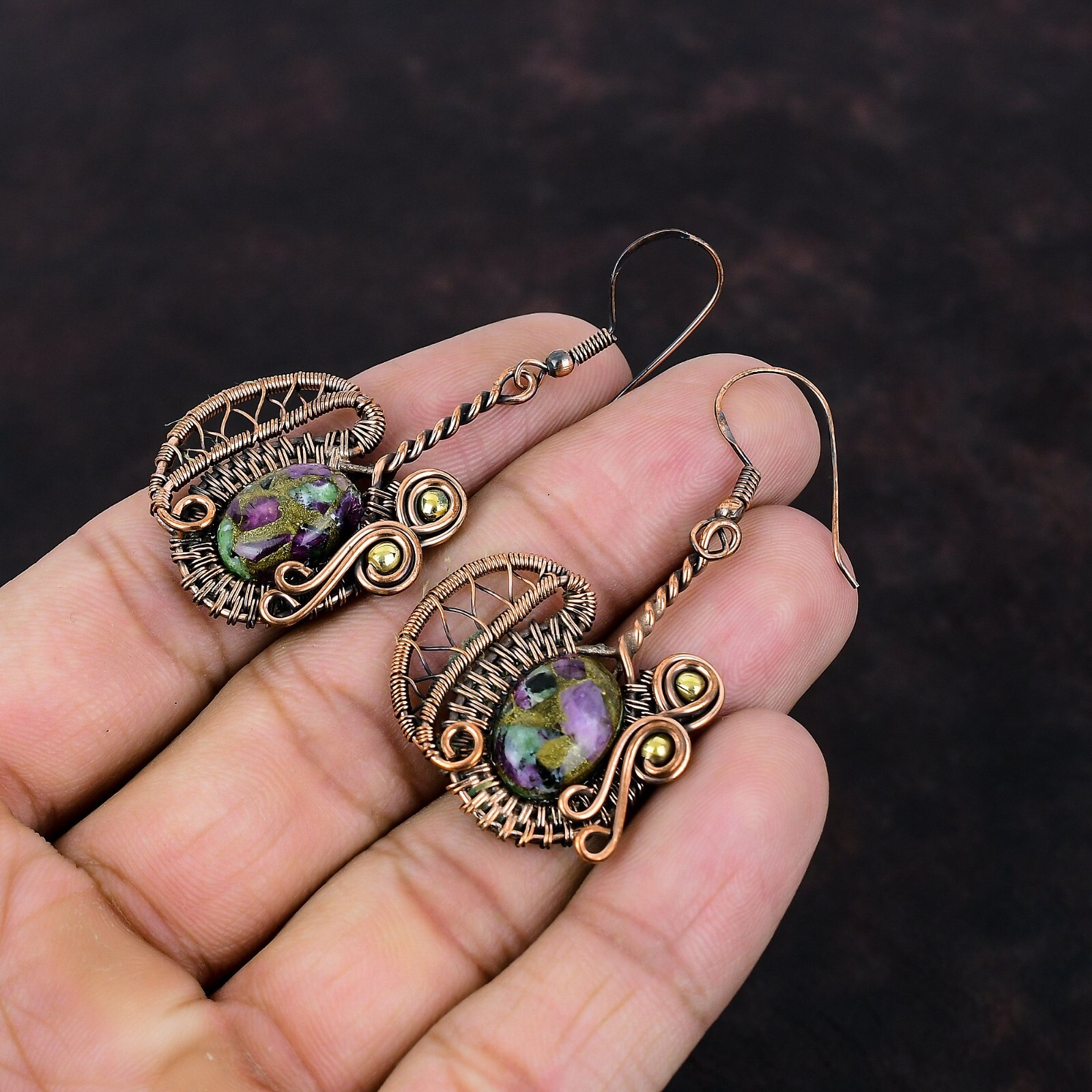 Gift For Women Wire Wrapped Drop/Dangle Earrings Copper Ruby Zoisite 2.28″